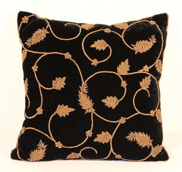 Black Silk Velvet Throw Pillow Embroidered with Gold Design For Sale at