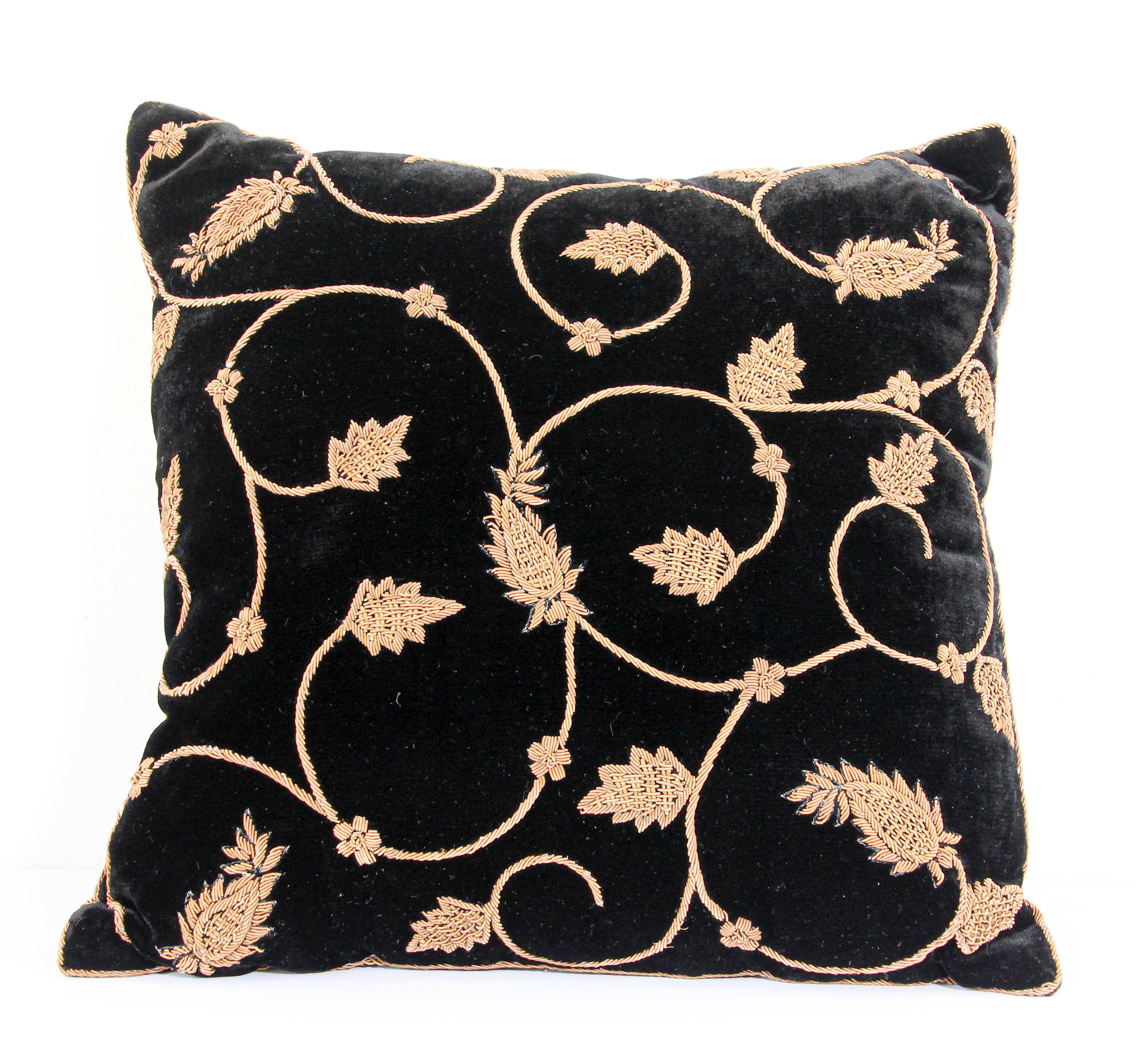 Black Silk Velvet Throw Pillow Embroidered with Gold Design In Good Condition In North Hollywood, CA