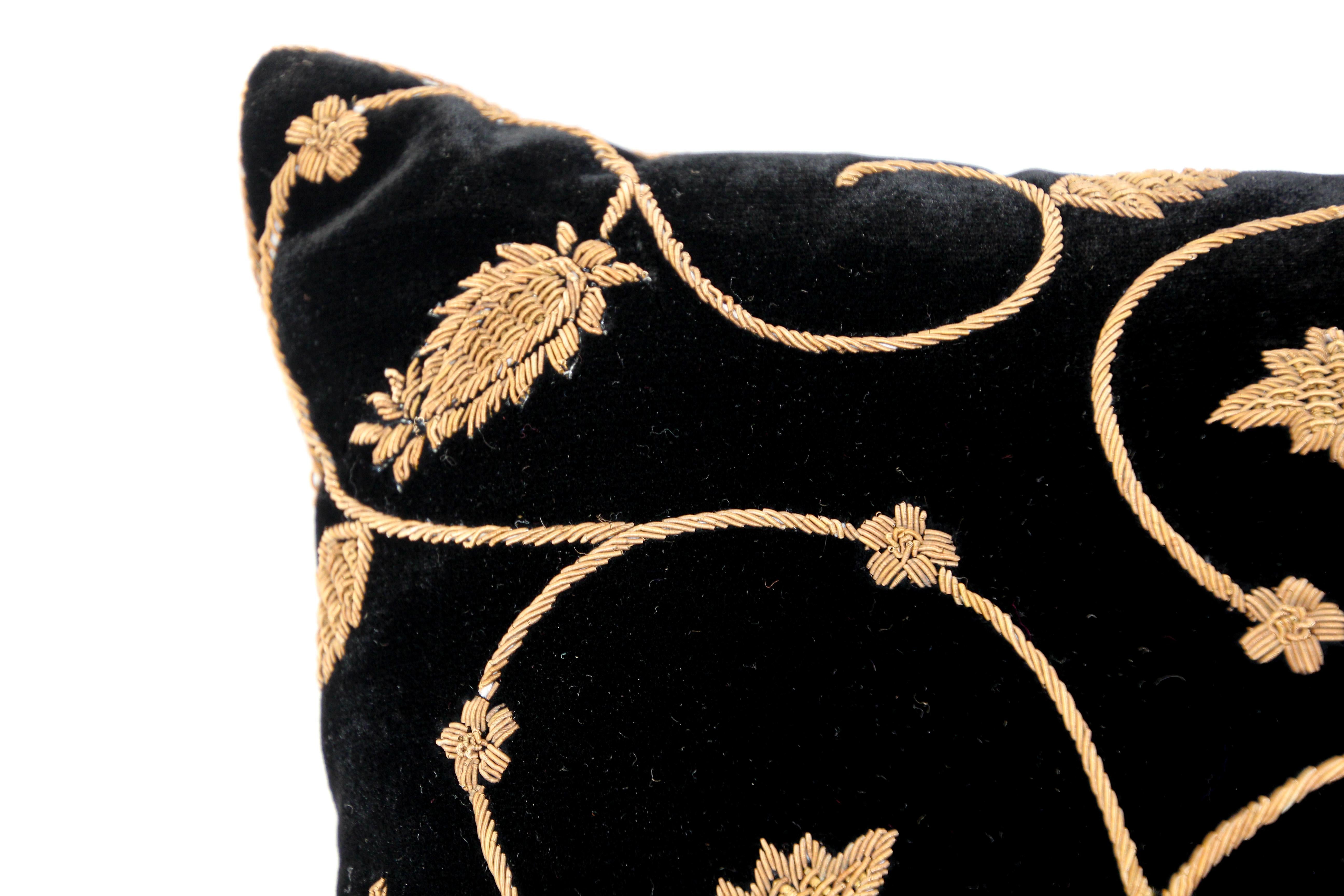 Black Silk Velvet Throw Pillow Embroidered with Gold Design 1