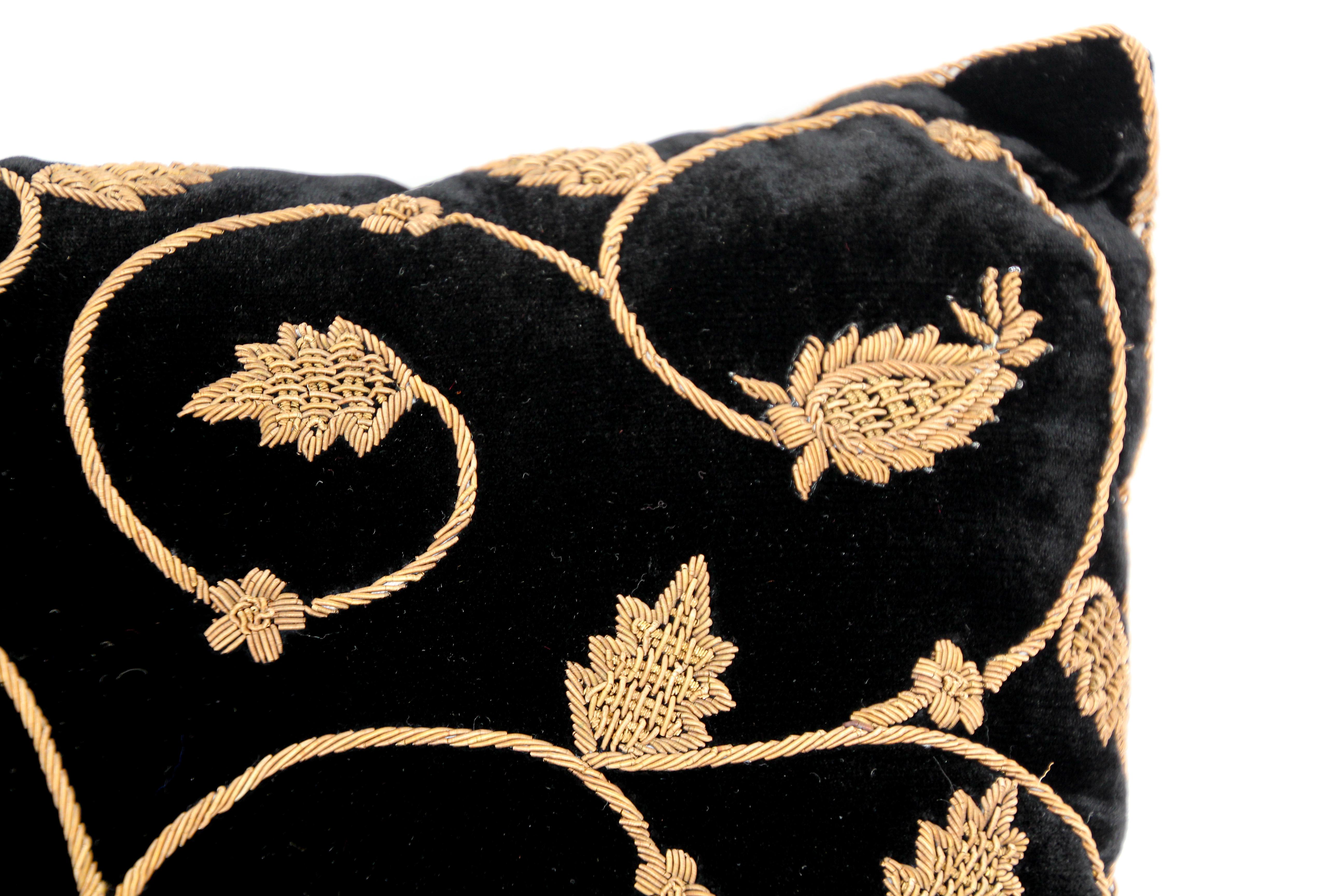 Black Silk Velvet Throw Pillow Embroidered with Gold Design 2