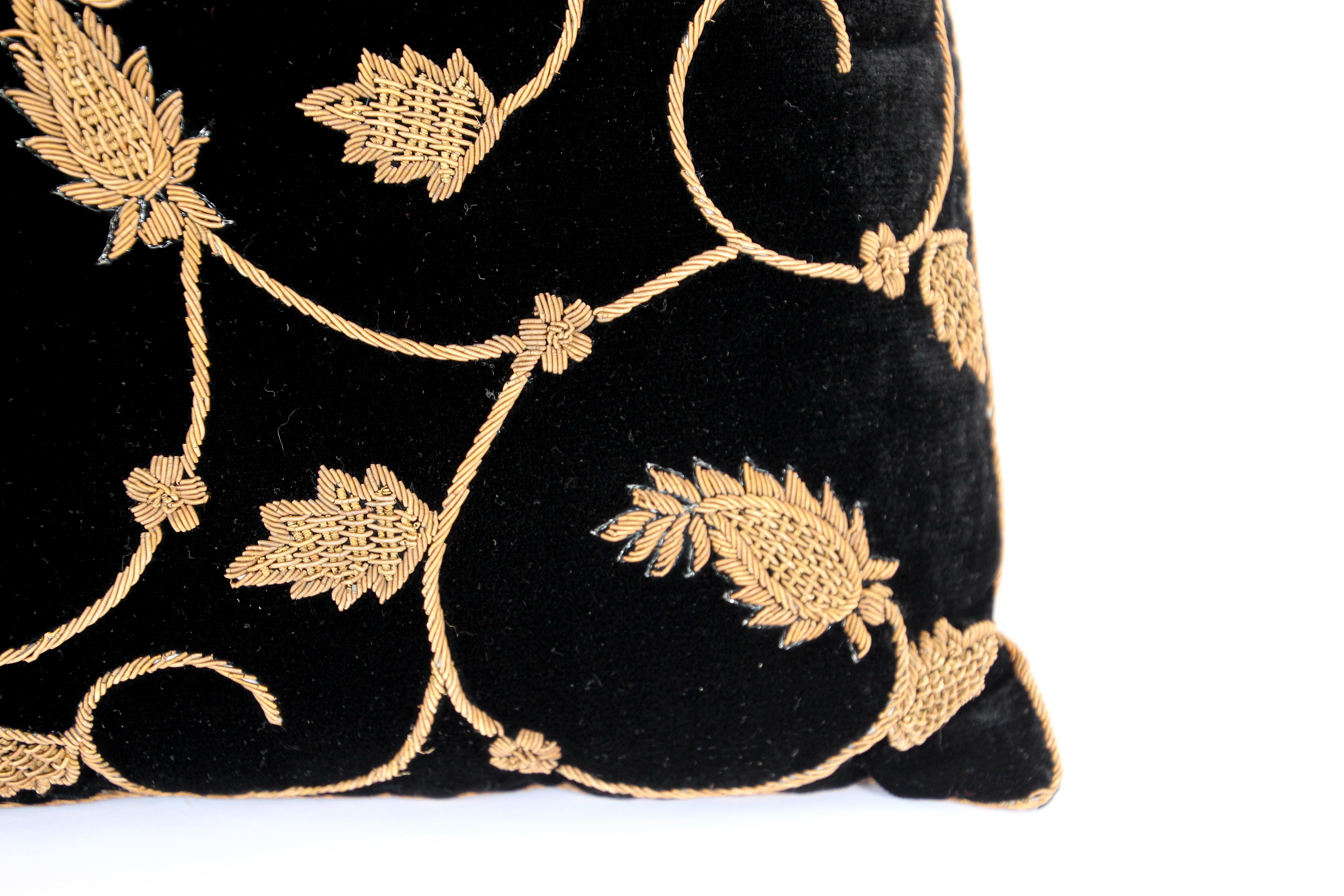 Black Silk Velvet Throw Pillow Embroidered with Gold Design 3