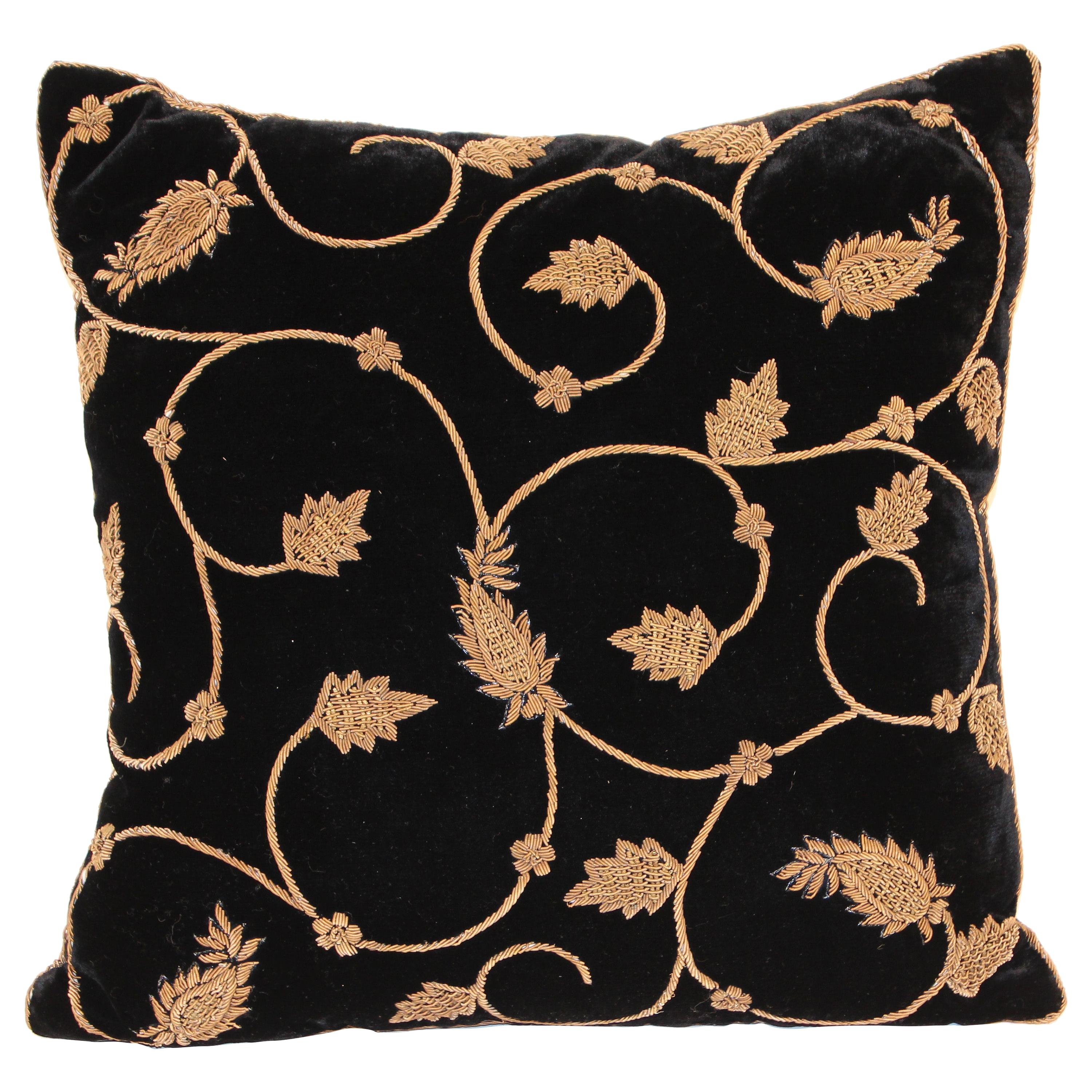 Black Silk Velvet Throw Pillow Embroidered with Gold Design