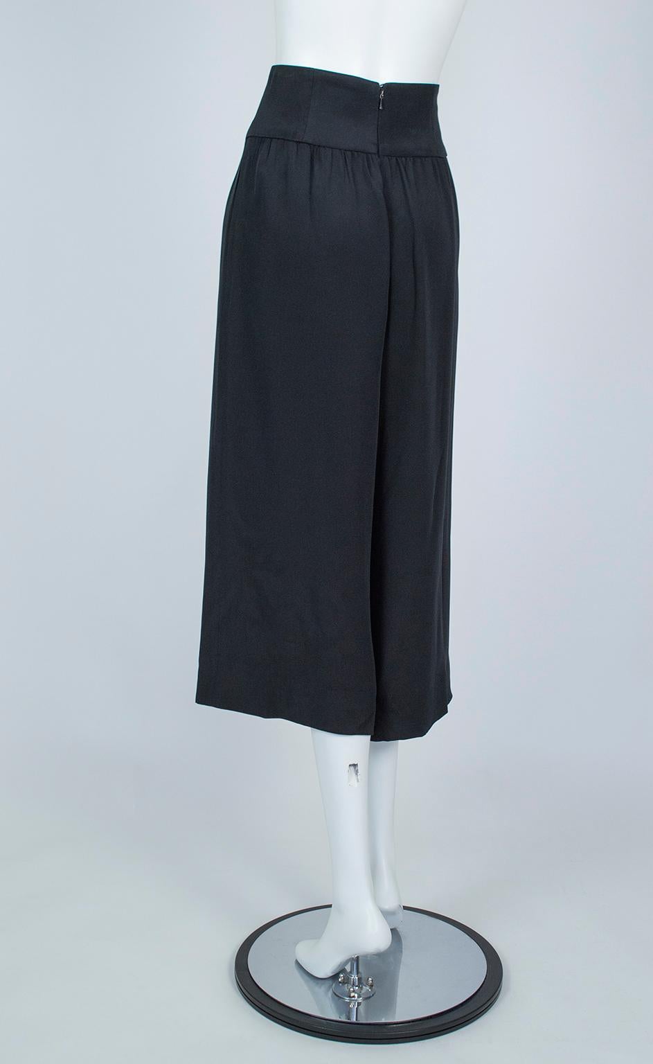 Women's Black Silk Wide Leg Culottes with Cummerbund Girdle Waist – Medium, 1980s