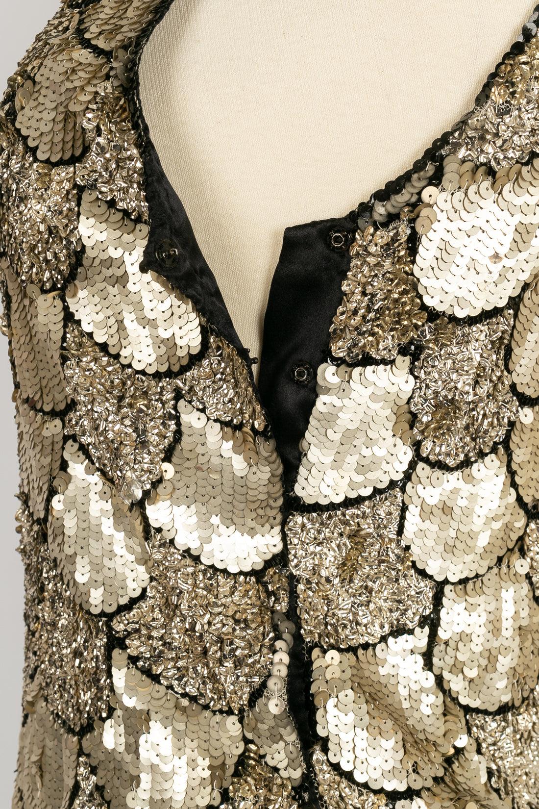 Schwarzes Seidenkleid mit goldenen Pailletten, 1930er-Jahre im Angebot 4