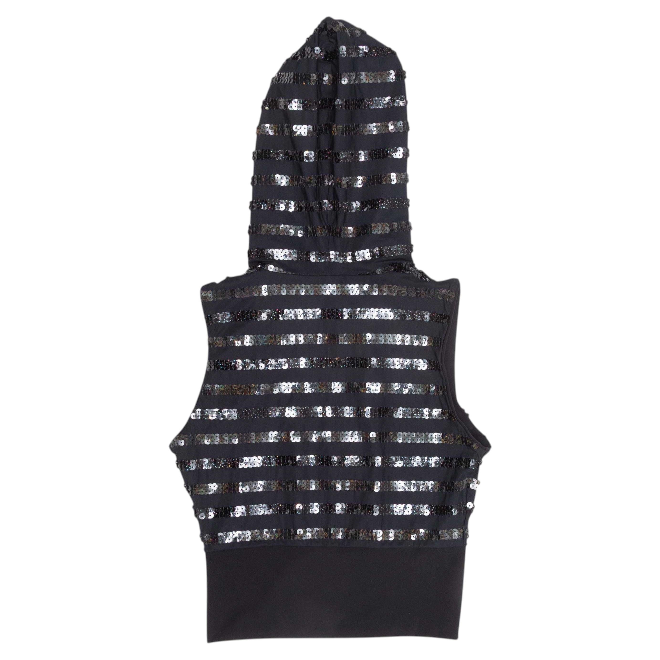 Black & Silver Chanel Sleeveless Sequined Zip Hoodie Size FR 34
