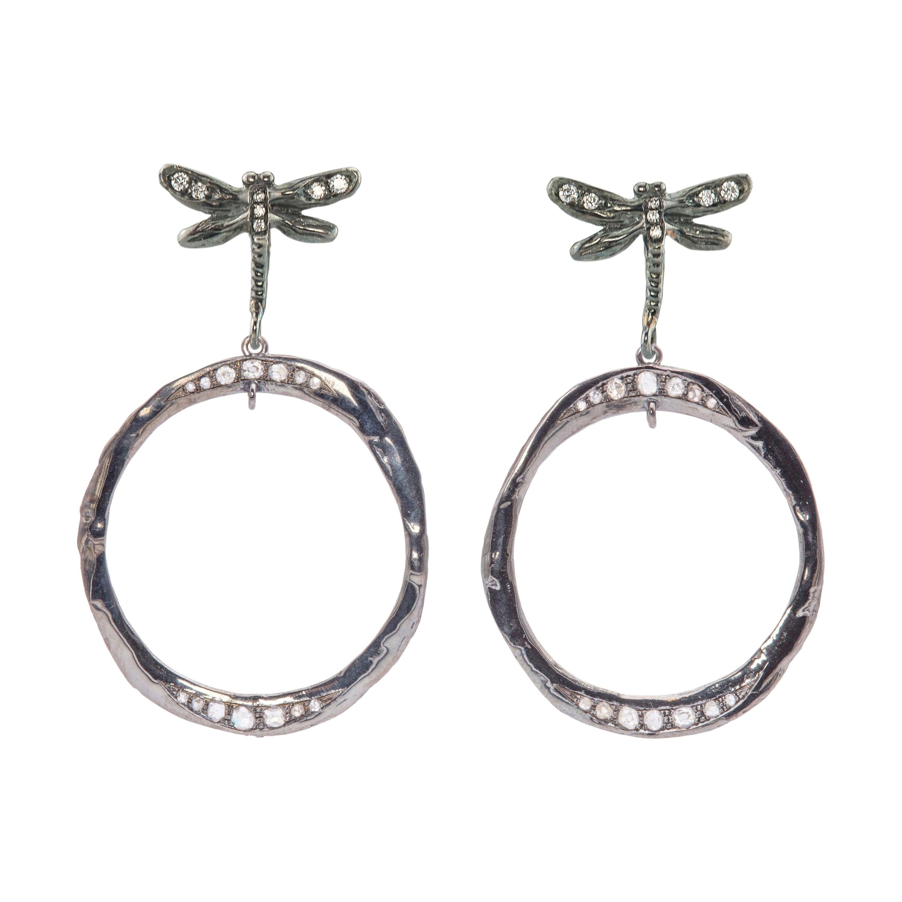 Unique Piece Rossella Ugolini Dragonfly Old Mine Old Cut Diamonds Hoops Earrings For Sale