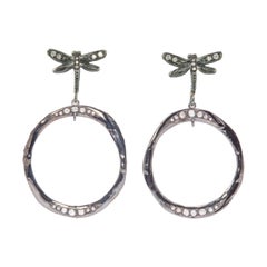 Black Silver Dragonfly 0.70 Karat Grey Diamonds Circular Dangle Earrings