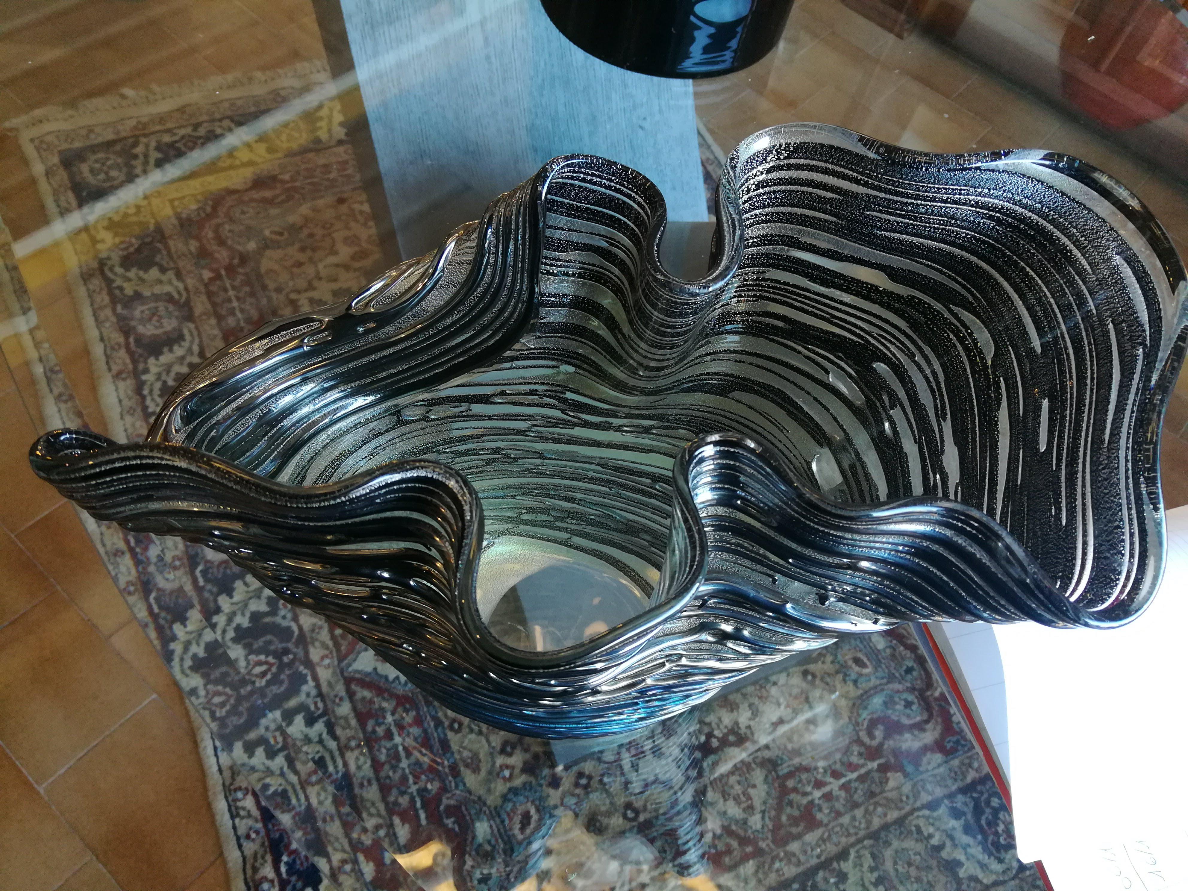 Contemporary Black Silver Italian Blown Glass Vase For Sale