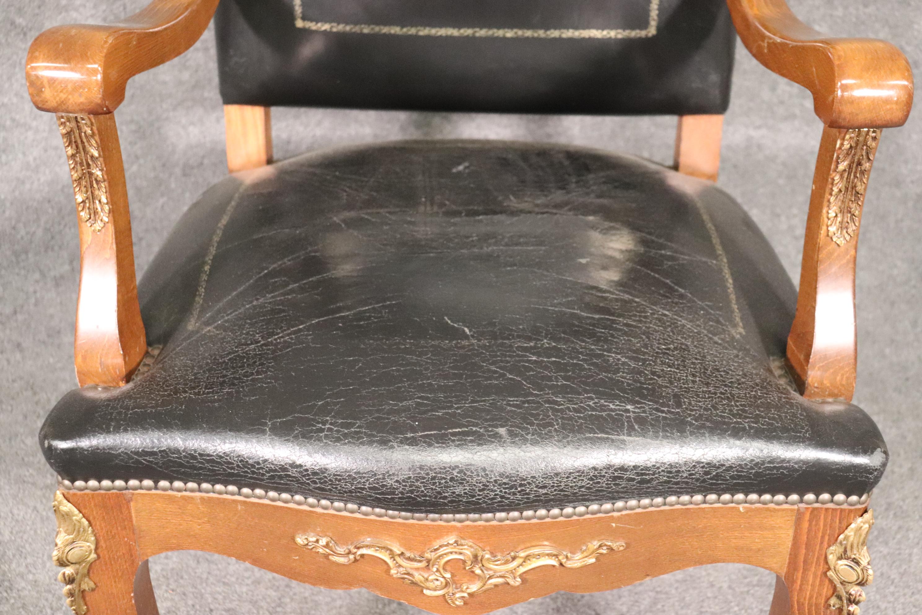 Black Silver Leaf Embossed Leather French Louis XV Style Desk Armchair  7