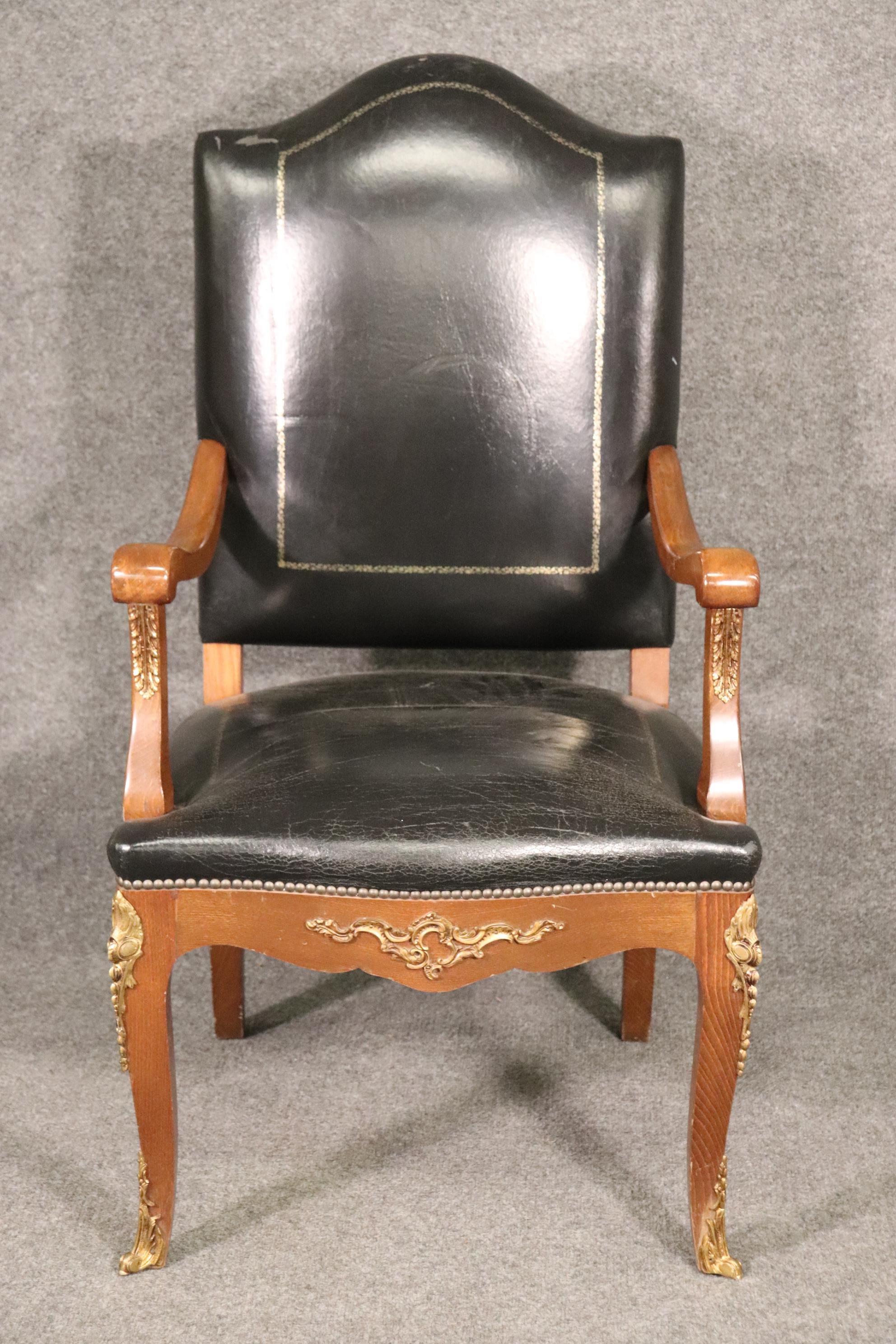 Black Silver Leaf Embossed Leather French Louis XV Style Desk Armchair  In Good Condition In Swedesboro, NJ