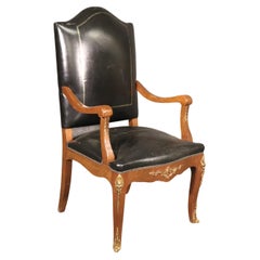 Vintage Black Silver Leaf Embossed Leather French Louis XV Style Desk Armchair 