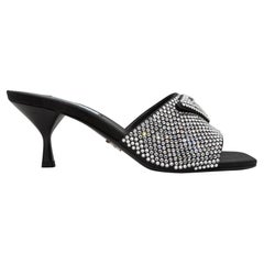 Schwarz & Silber Prada Kristall Logo Heeled Slide Sandalen Größe 36,5