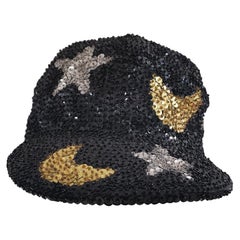 Vintage Black silver stars gold moons sequins hat