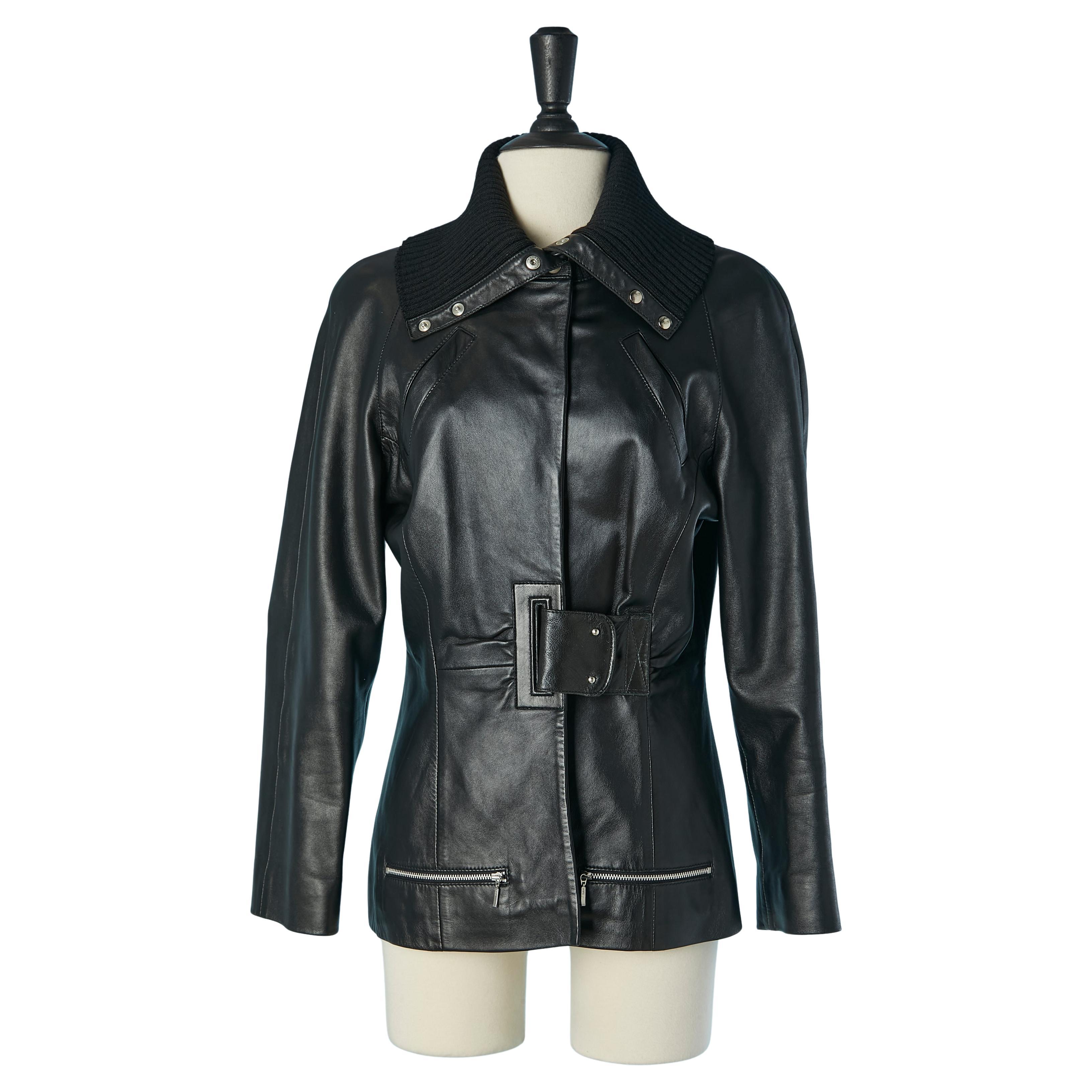 Giacca monopetto nera in pelle con collo a costine LECOANET HEMANT