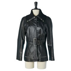 Vintage Black single breasted leather jacket with rib collar LECOANET HEMANT