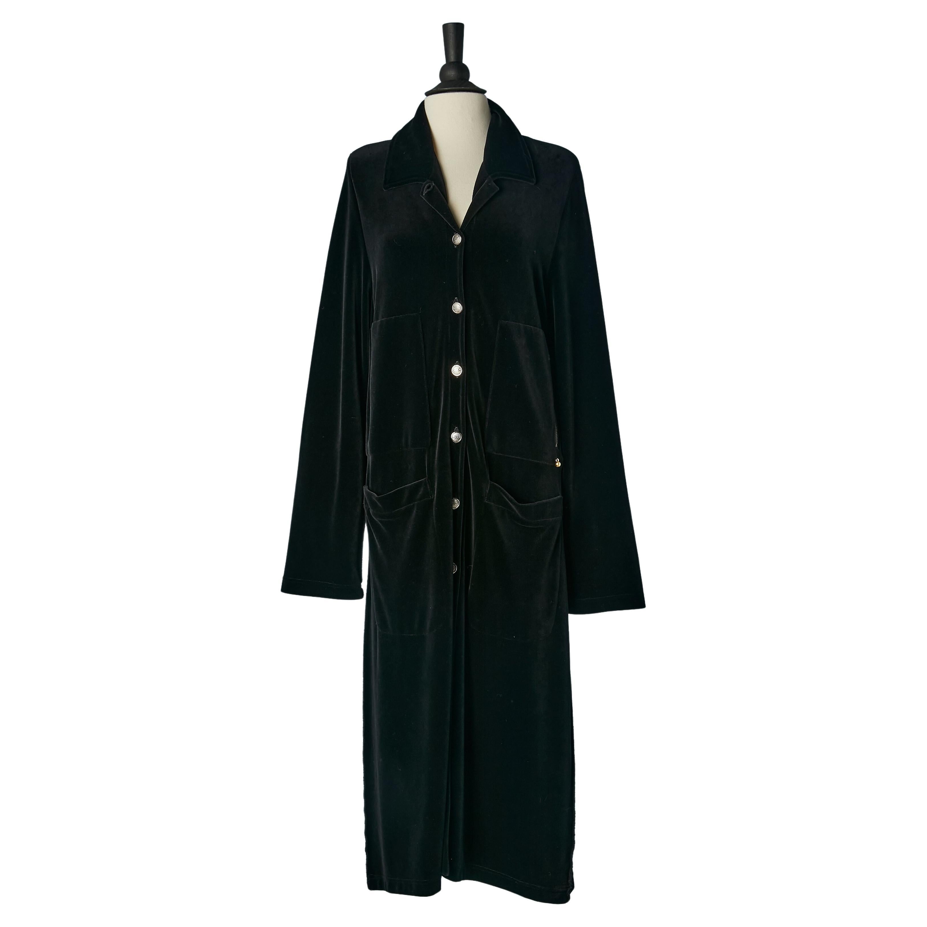 Manteau noir en velours spongieux à simple boutonnage Sonia Rykiel  en vente