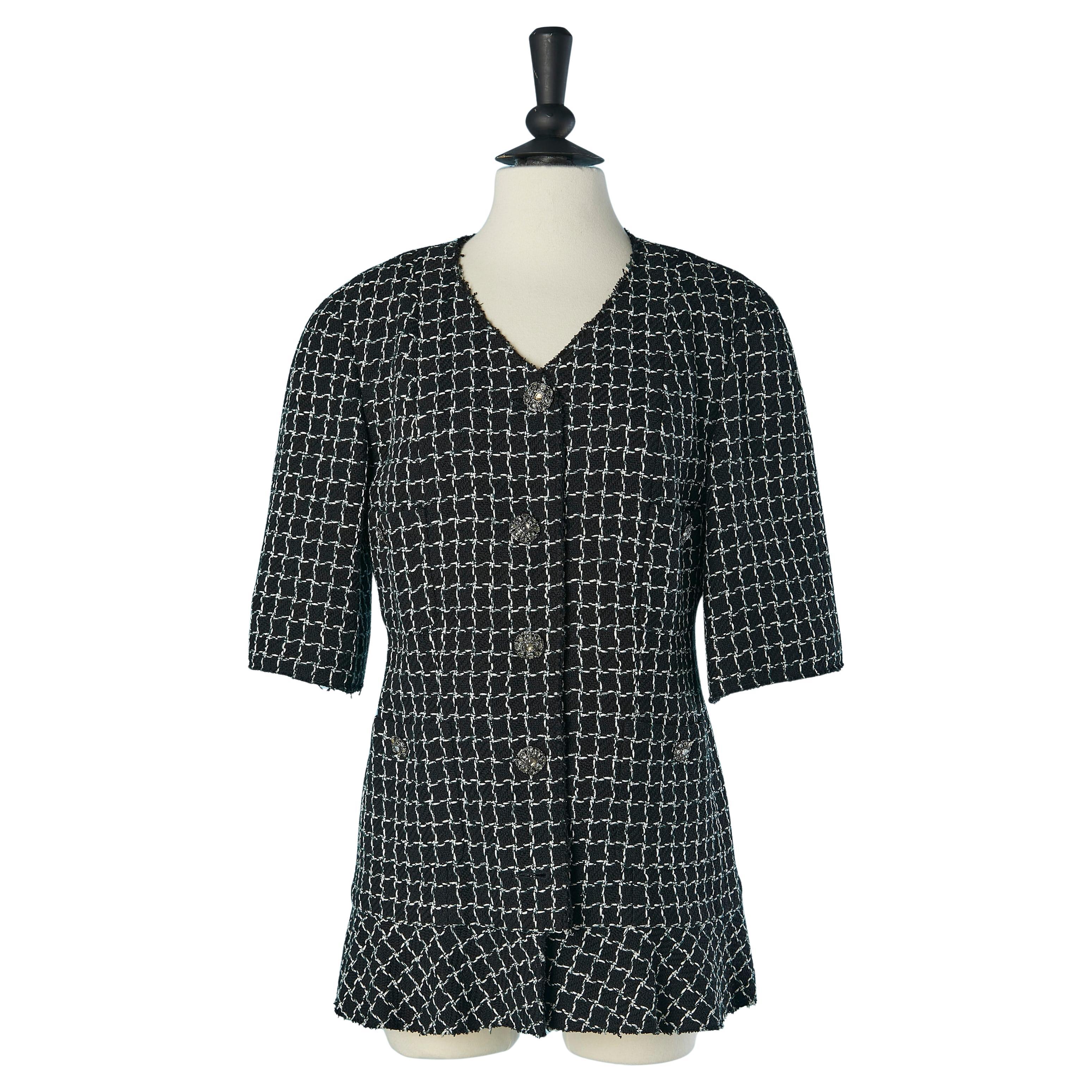 Giacca monopetto nera in tweed con motivo a quadri Chanel