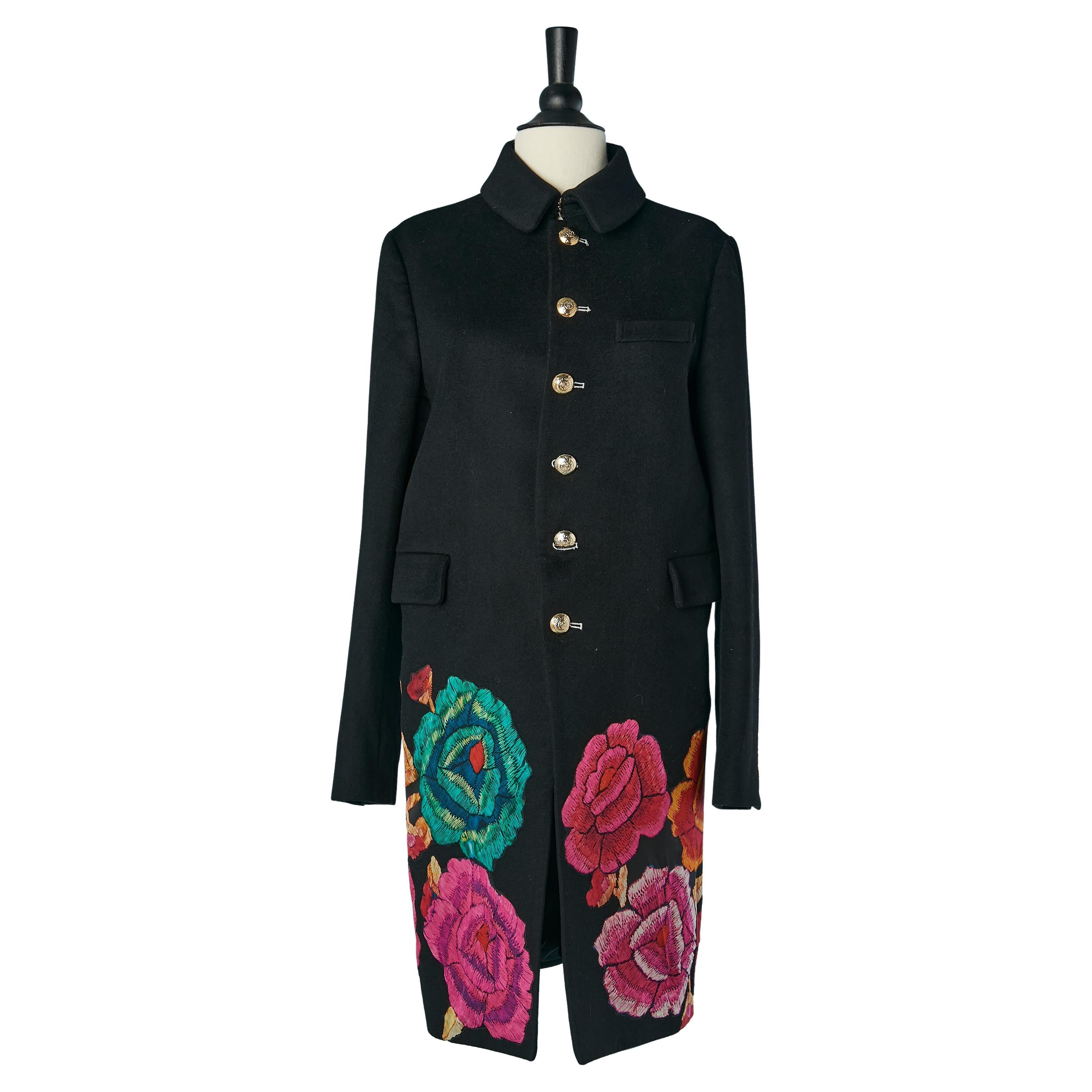 Manteau en laine noir à simple boutonnage avec appliqué imprimé Roberto Cavalli en vente