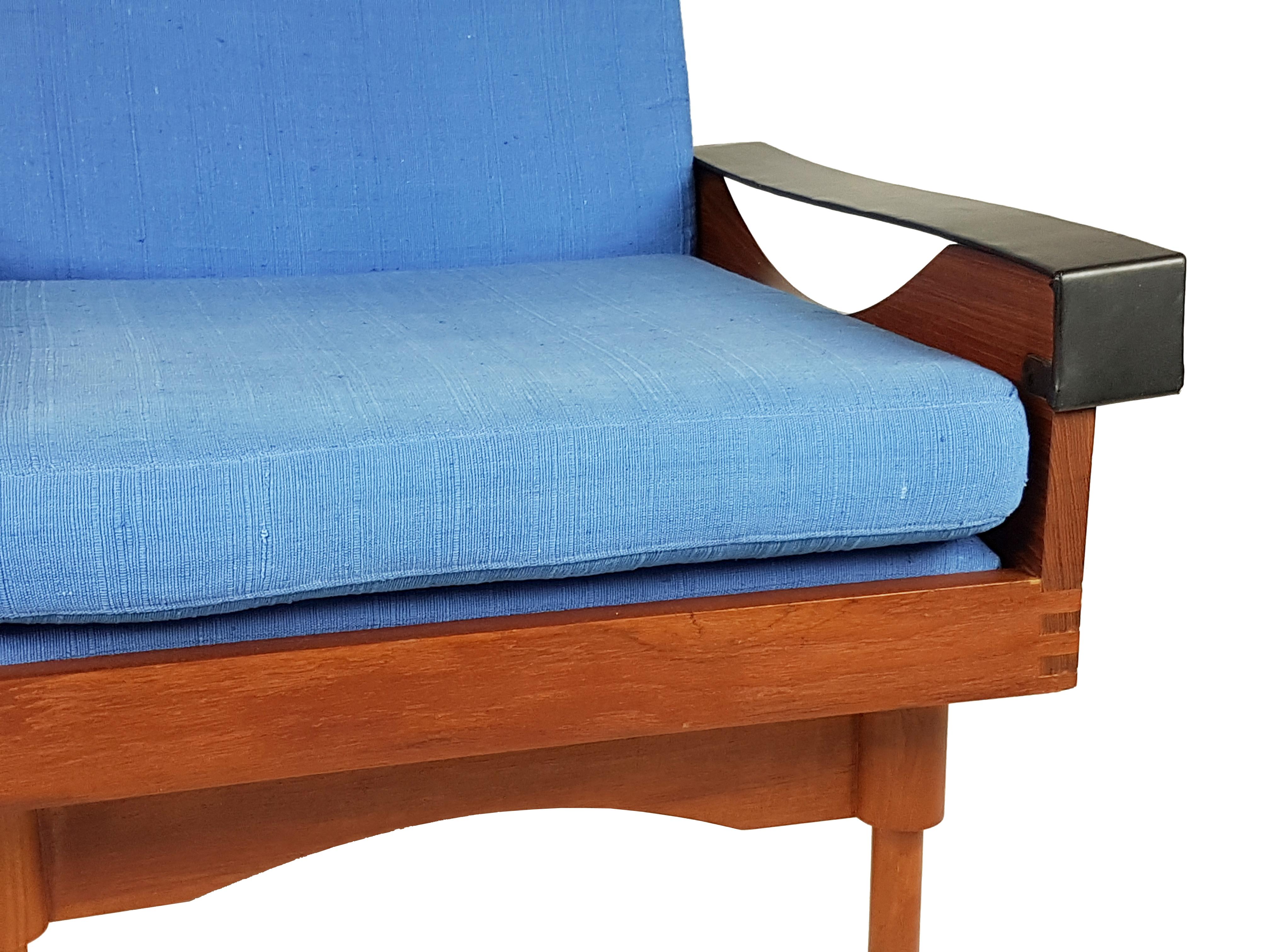 Black Skai Teak & Blue Cushioned 1960s Armchairs by F.Lli Saporiti'attr to' For Sale 3