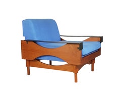 Black Skai Teak & Blue Cushioned 1960s KIMONO Armchairs by f.lli Saporiti