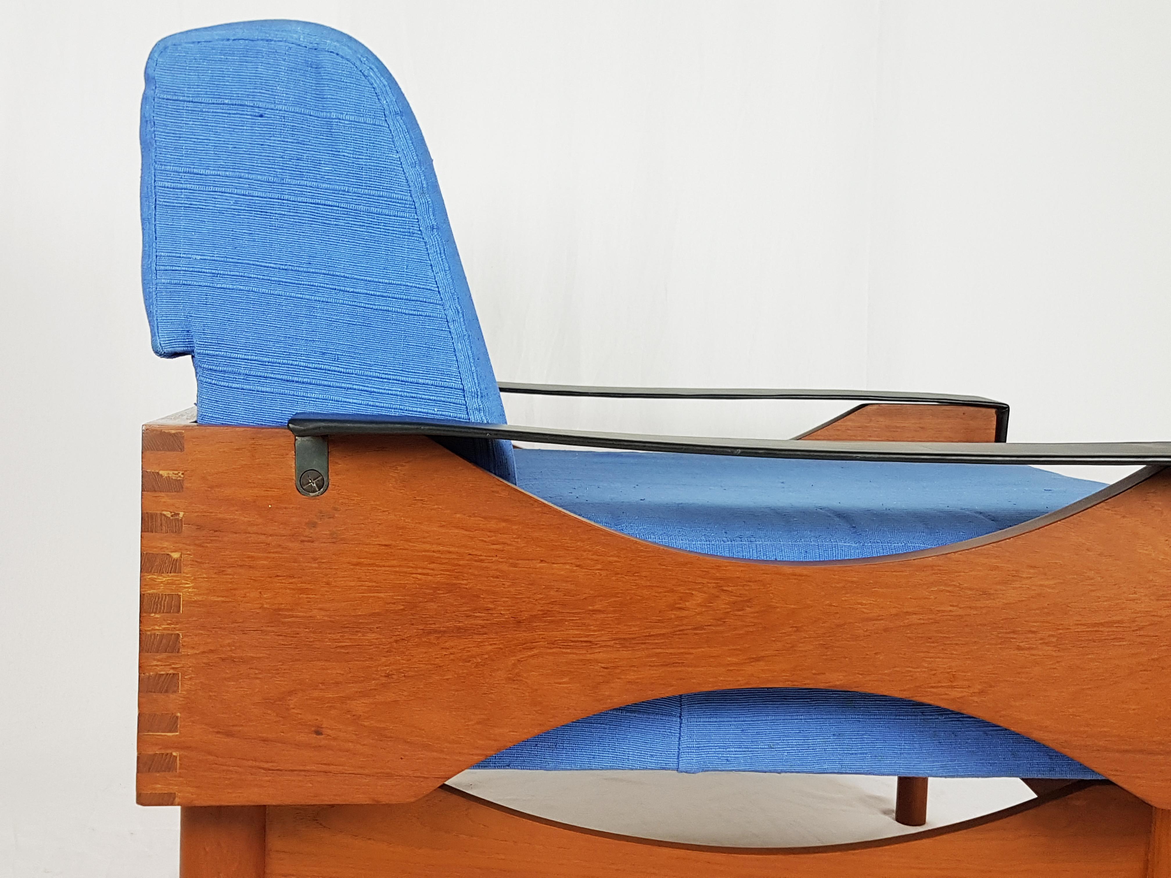 Mid-Century Modern Black Skai Teak & Blue Cushioned 1960s Armchairs by F.Lli Saporiti'attr to' For Sale