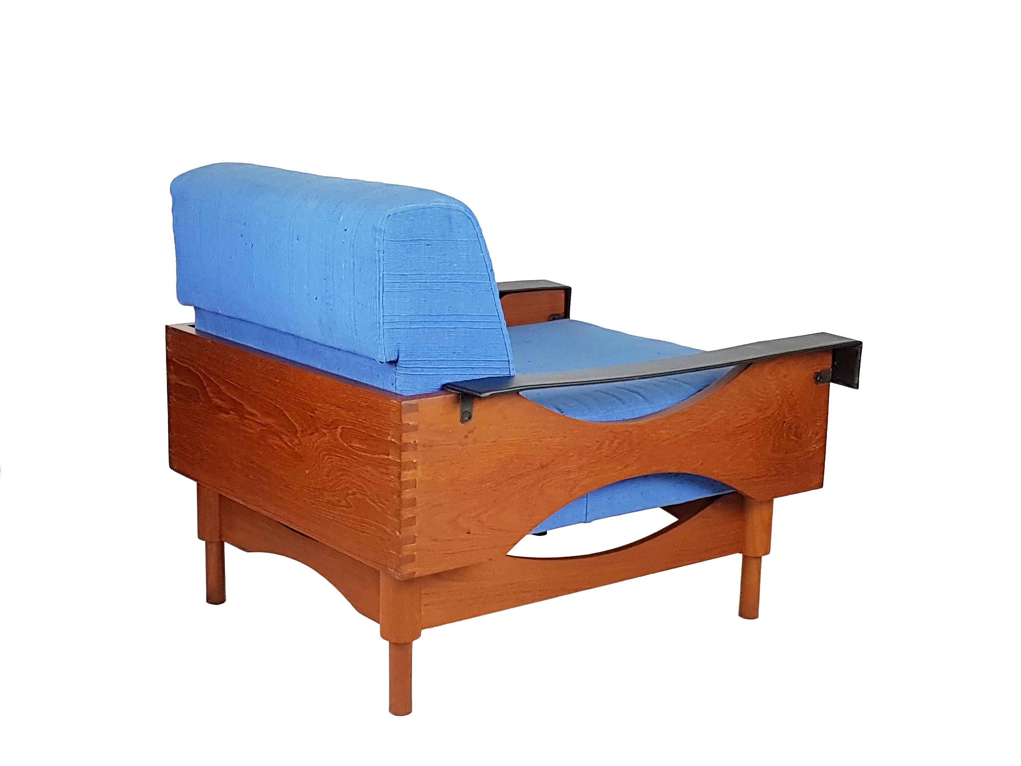 Italian Black Skai Teak & Blue Cushioned 1960s Armchairs by F.Lli Saporiti'attr to' For Sale
