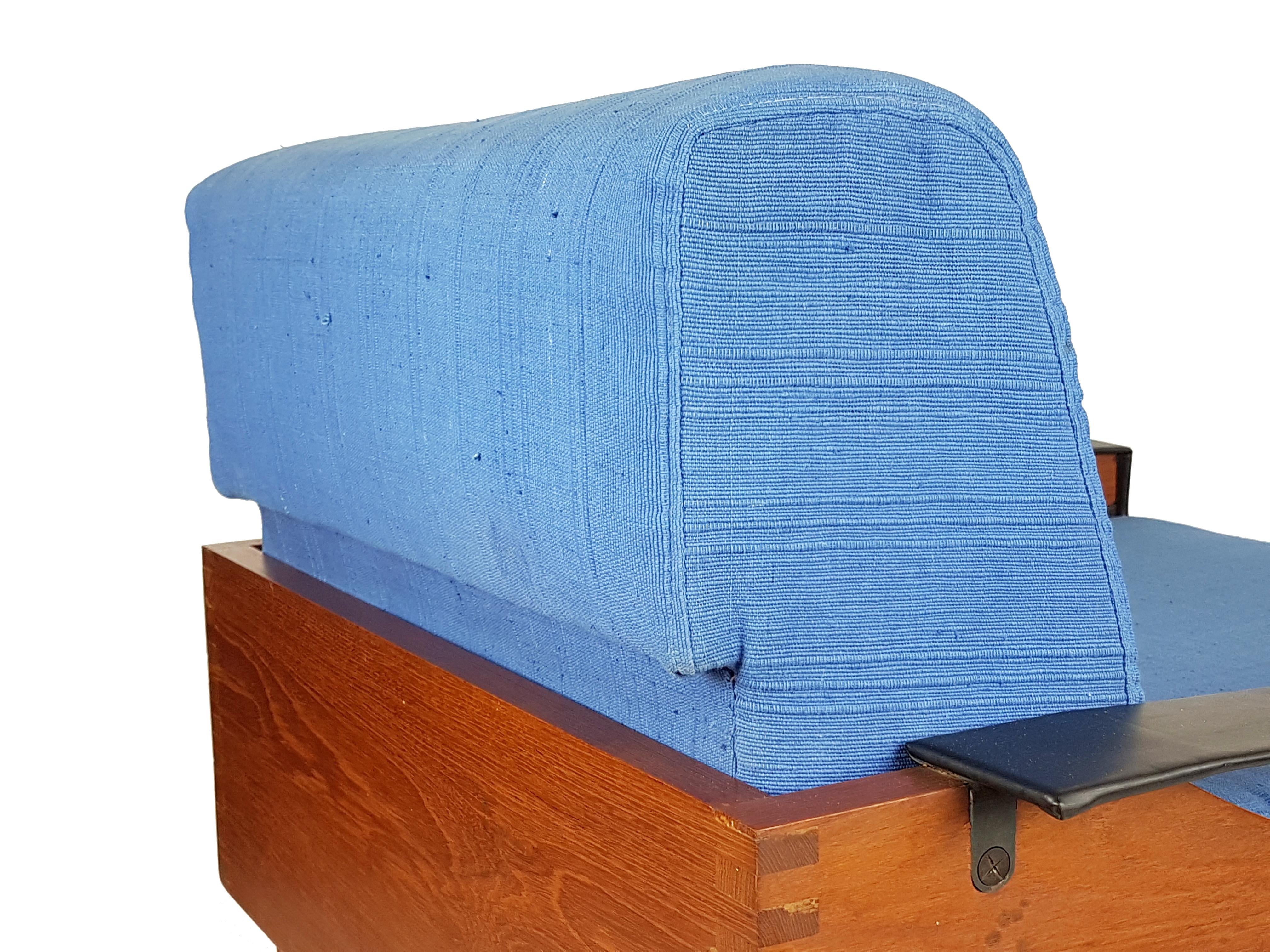 Black Skai Teak & Blue Cushioned 1960s KIMONO Armchairs by f.lli Saporiti In Good Condition For Sale In Varese, Lombardia