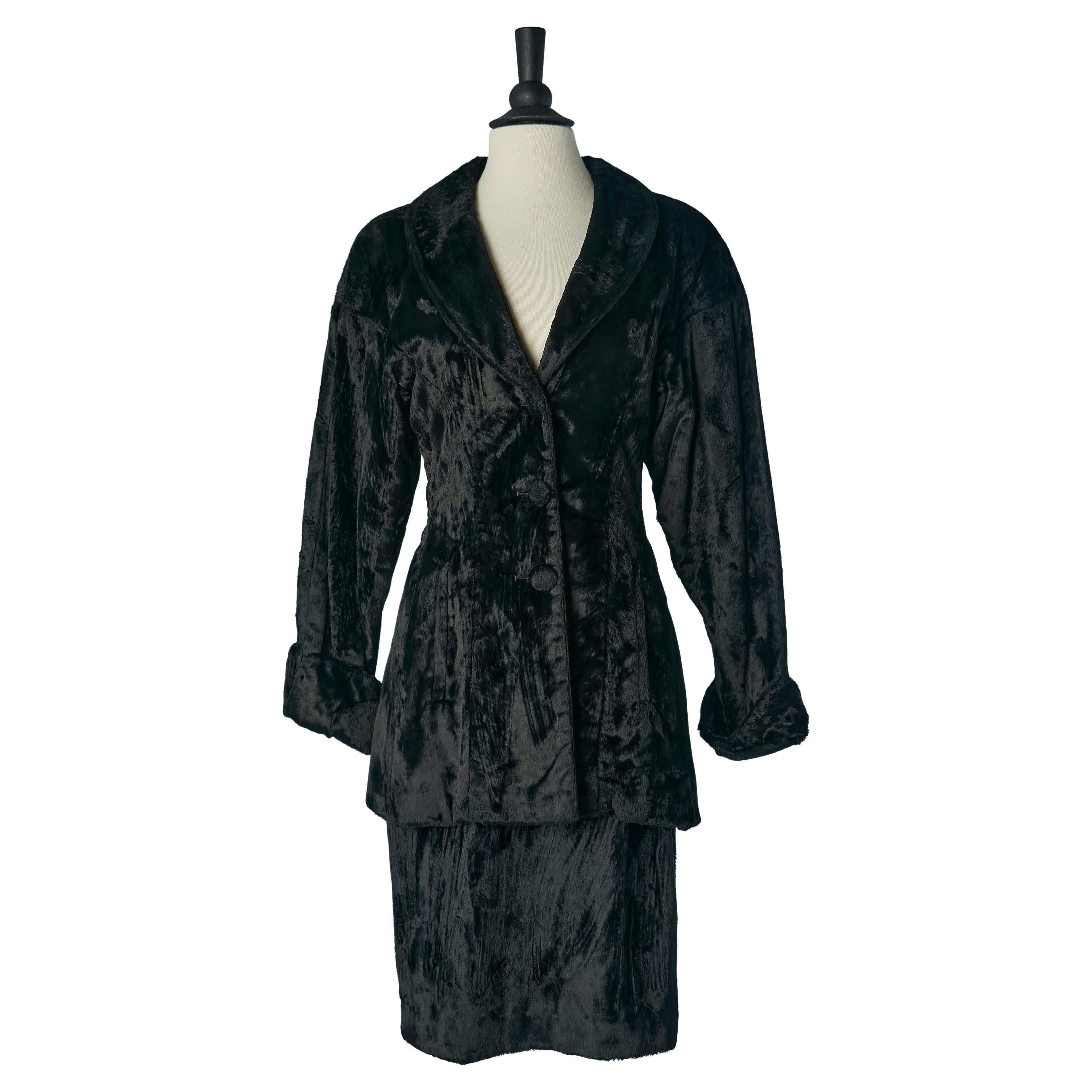 Black skirt-suit in velvet looking like faux fur FENDI For Sale