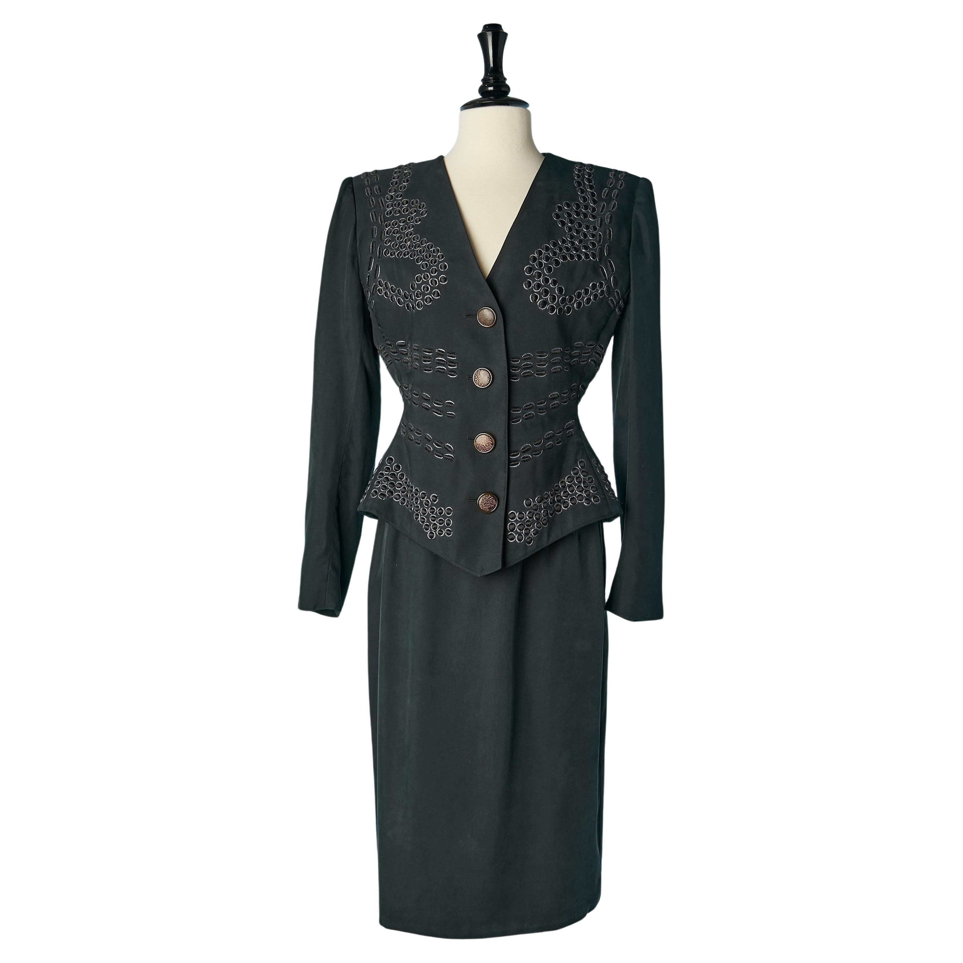 Black skirt suit with black and grey threads embroideries Valentino Boutique For Sale
