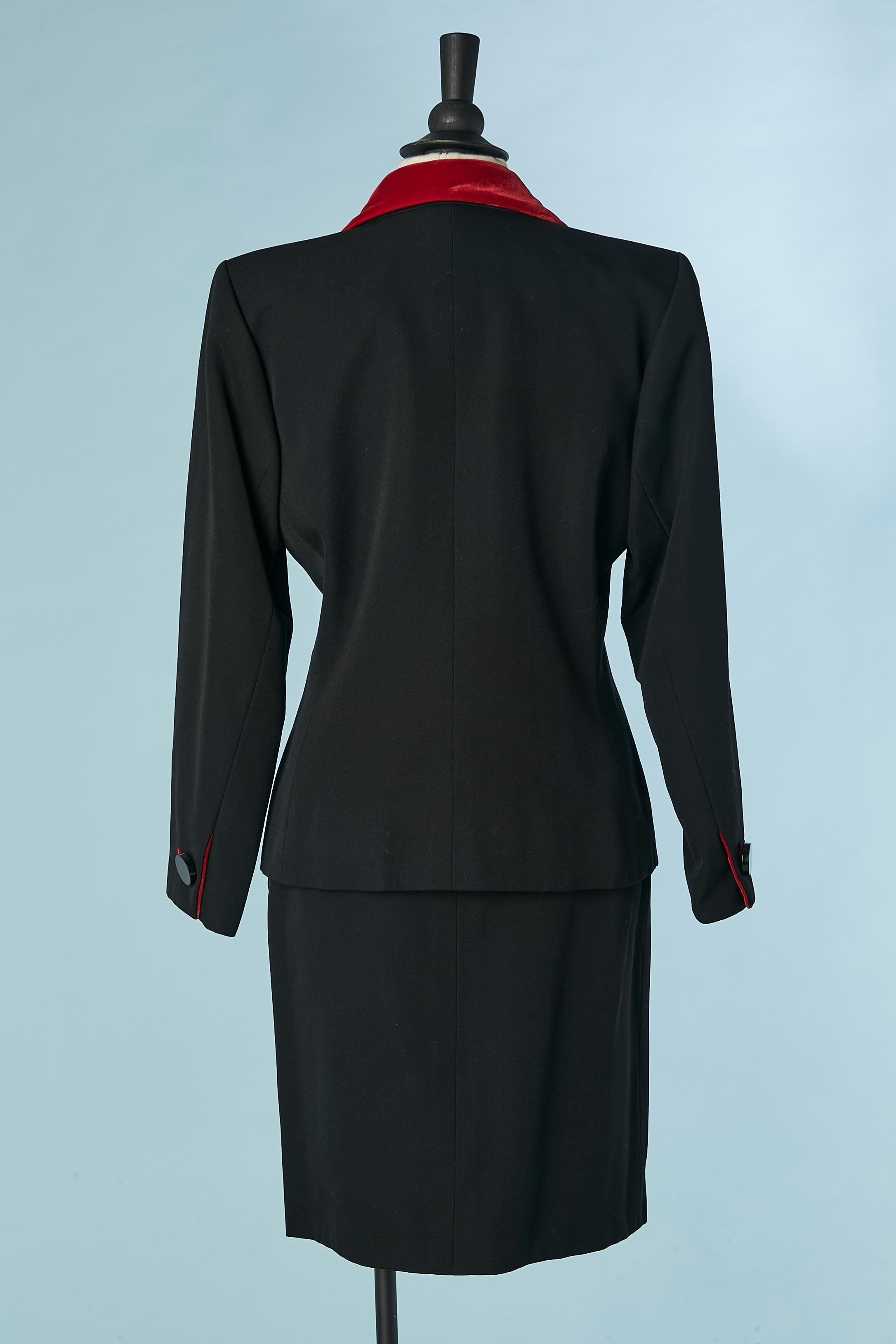 Black skirt-suit with red velvet details Yves Saint Laurent Rive Gauche 1980's  For Sale 3