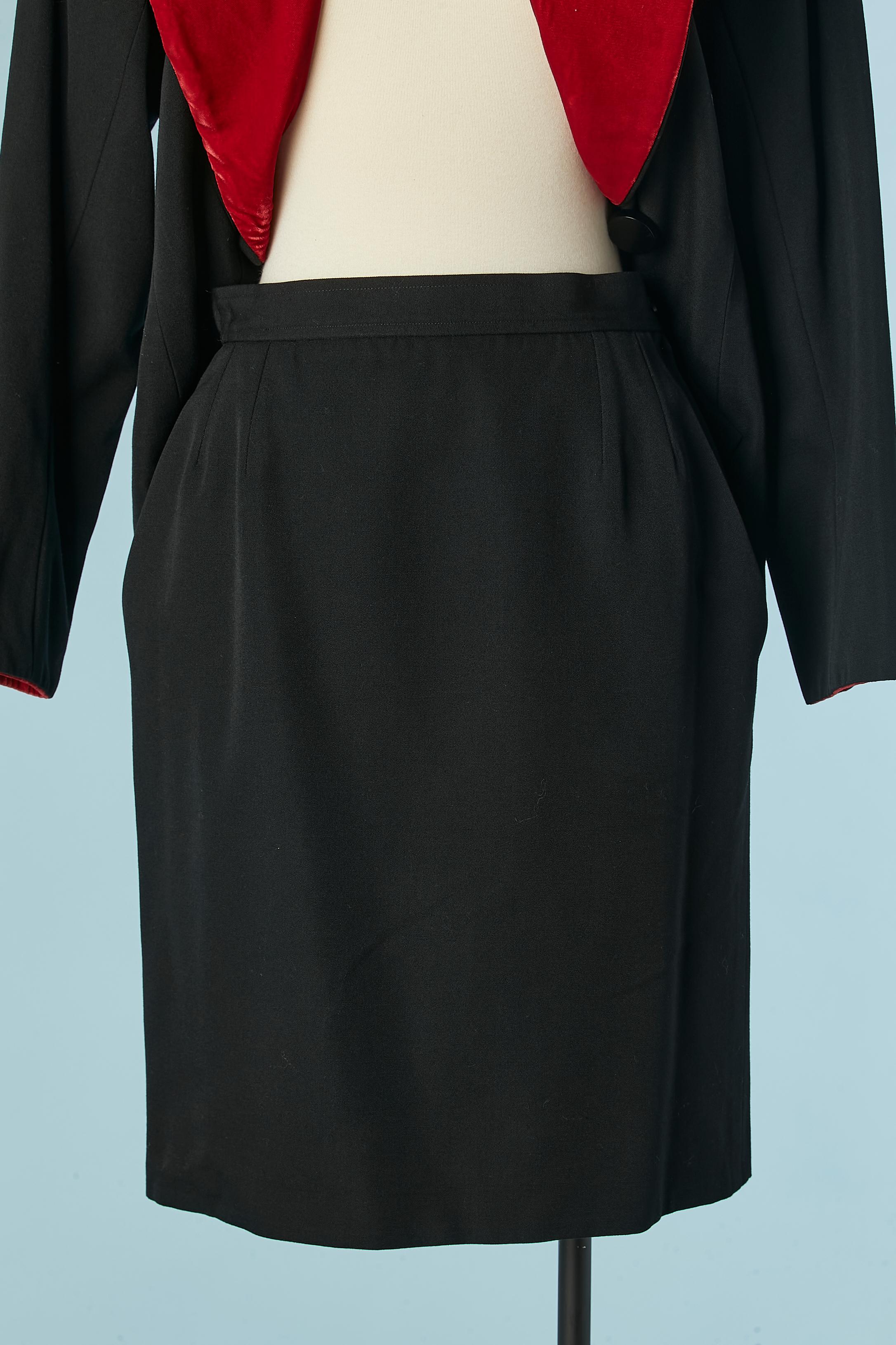 Black skirt-suit with red velvet details Yves Saint Laurent Rive Gauche 1980's  For Sale 4