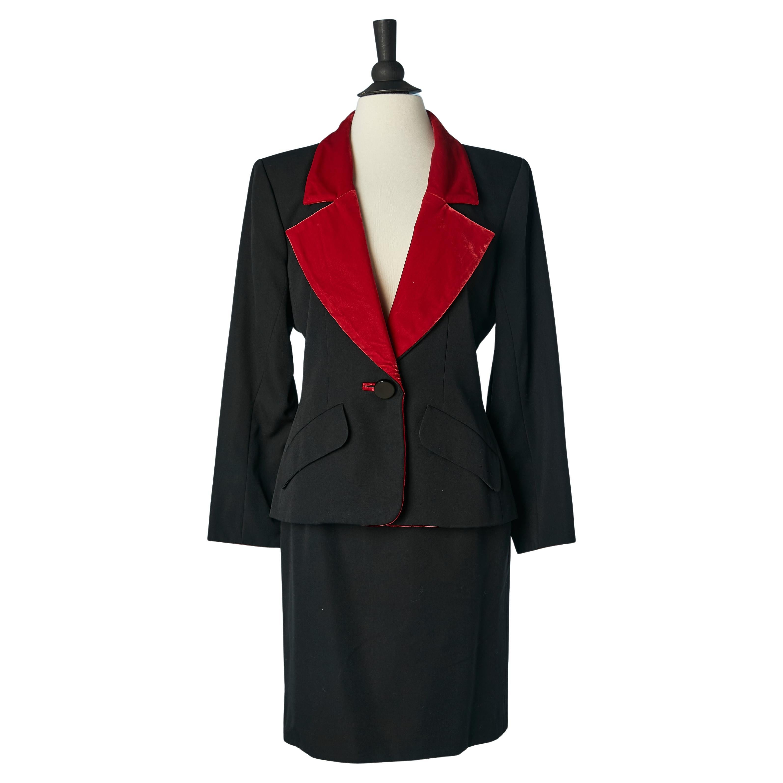 Black skirt-suit with red velvet details Yves Saint Laurent Rive Gauche 1980's  For Sale