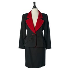 Combinaison jupe noire avec détails en velours rouge Yves Saint Laurent Rive Gauche 1980's 