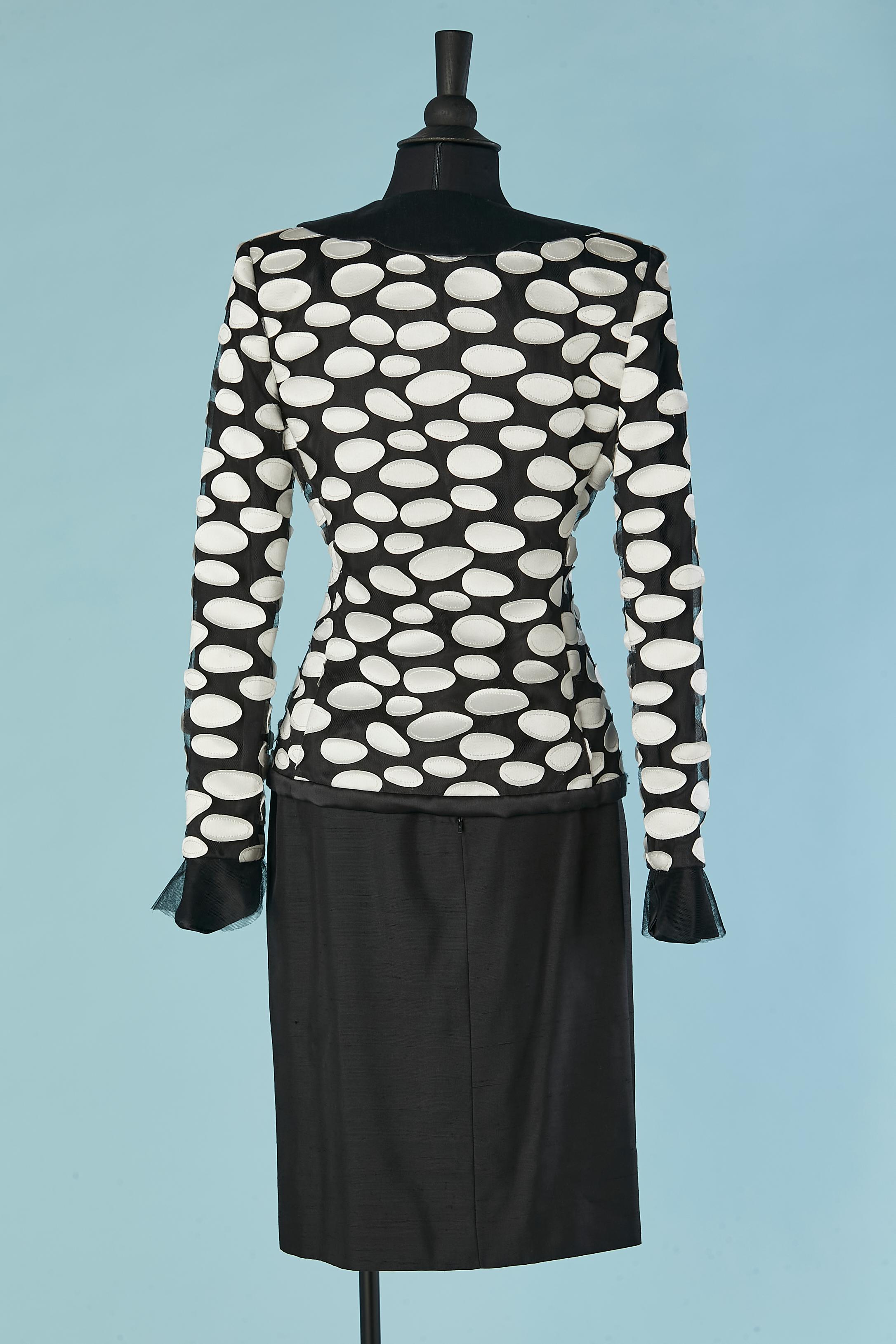 Black skirt-suit with white silk appliqué on the jacket André Laug Circa 1980's For Sale 2