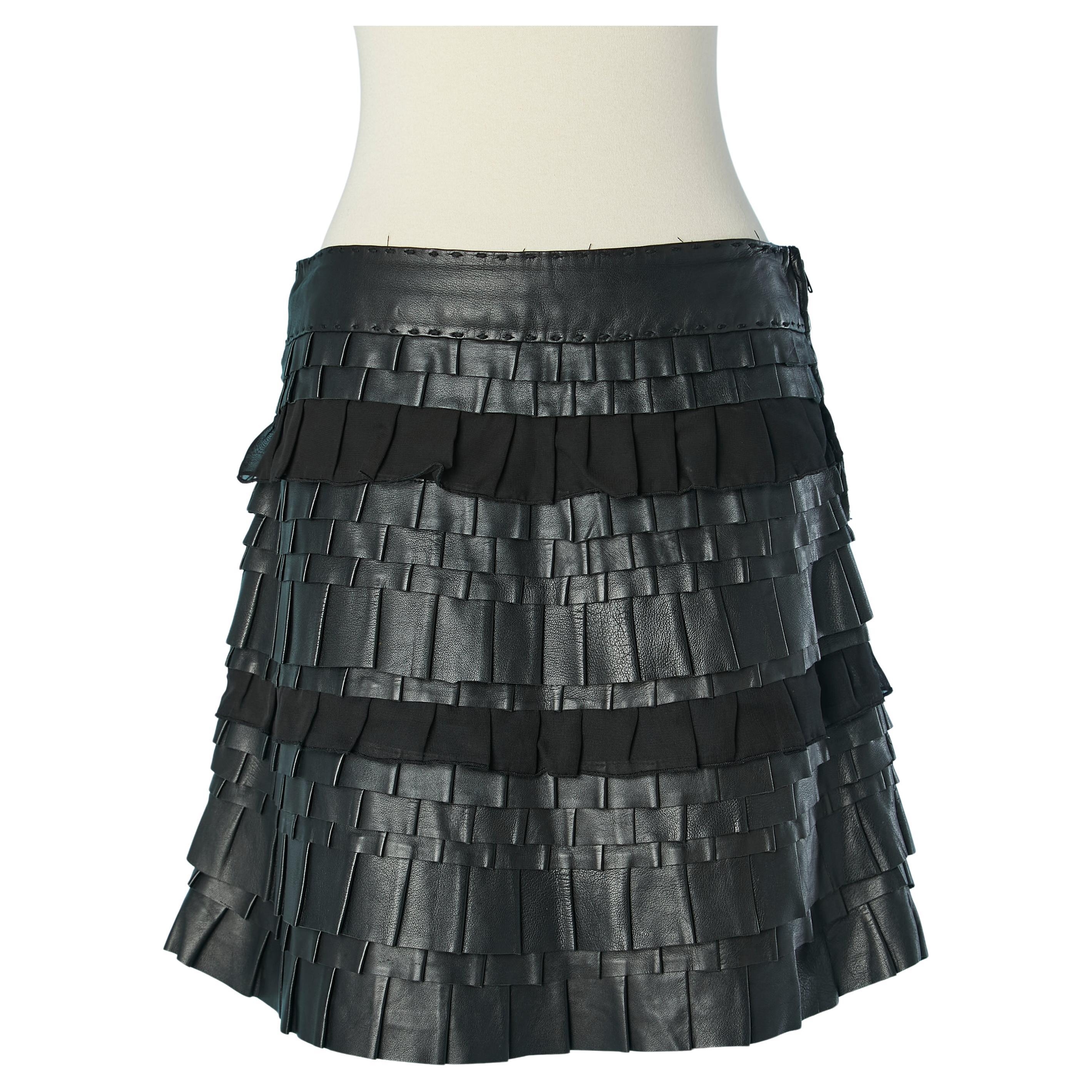 Black skirt with leather and chiffon ruffles ONLY Thierry MUGLER For Sale