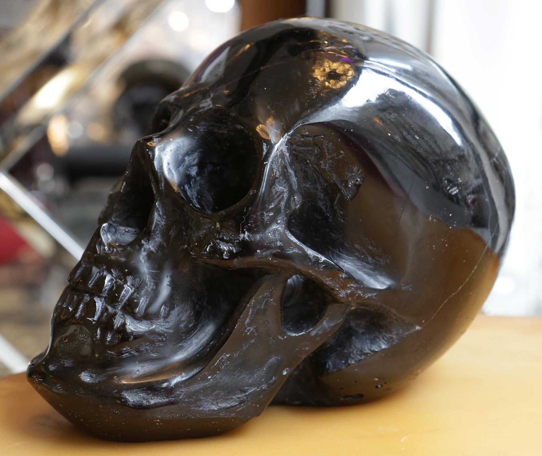 French Black Skull Sculpture in Blackened Glass Paste For Sale