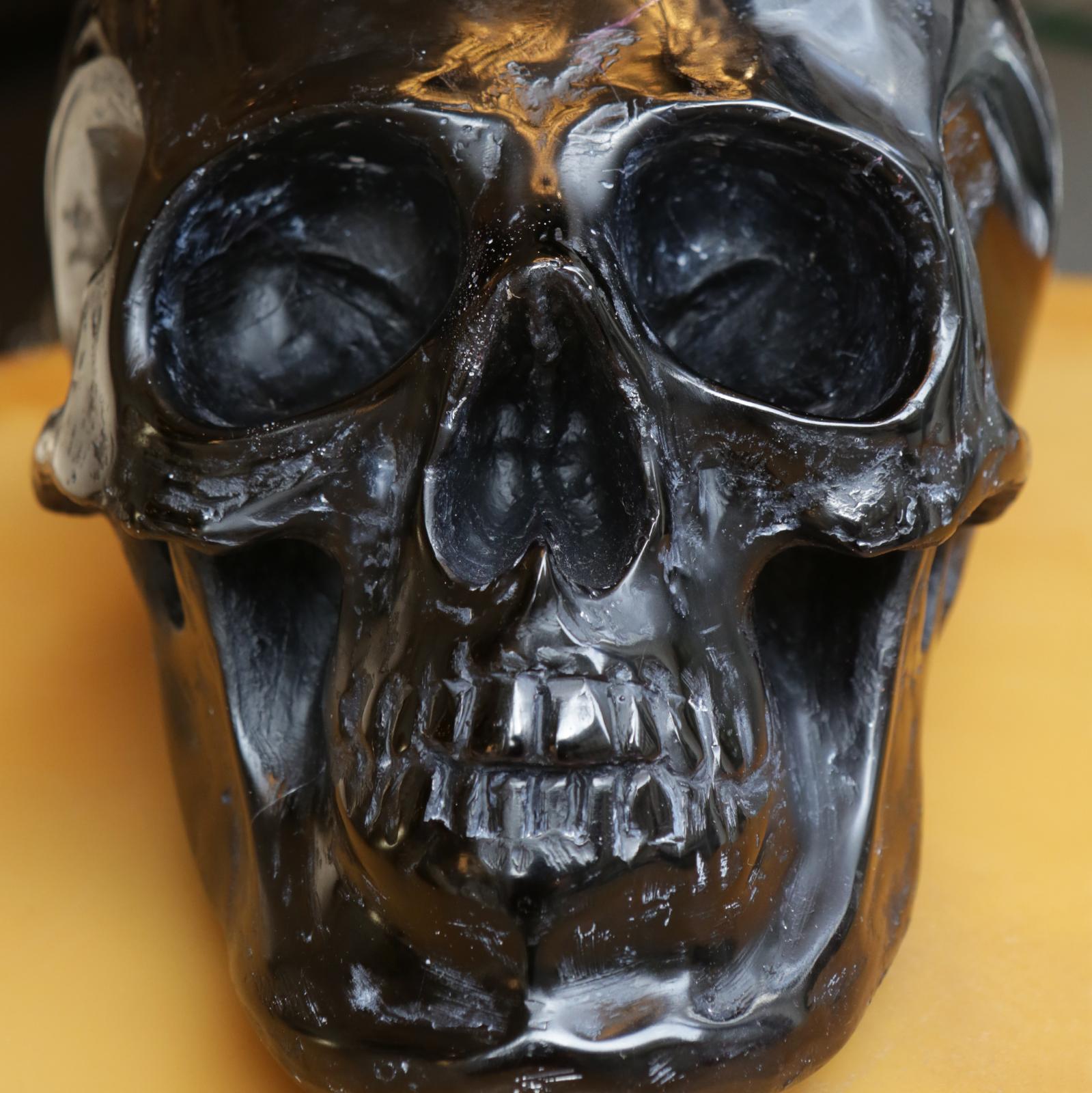 Hand-Crafted Black Skull Sculpture in Blackened Glass Paste For Sale