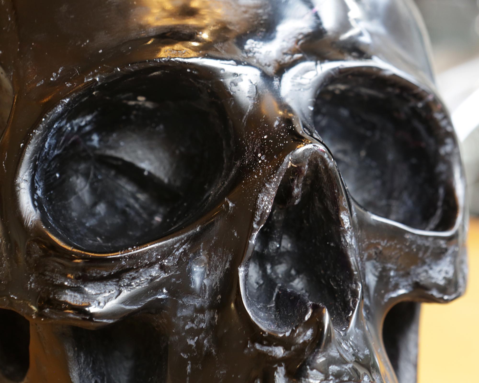Contemporary Black Skull Sculpture in Blackened Glass Paste For Sale