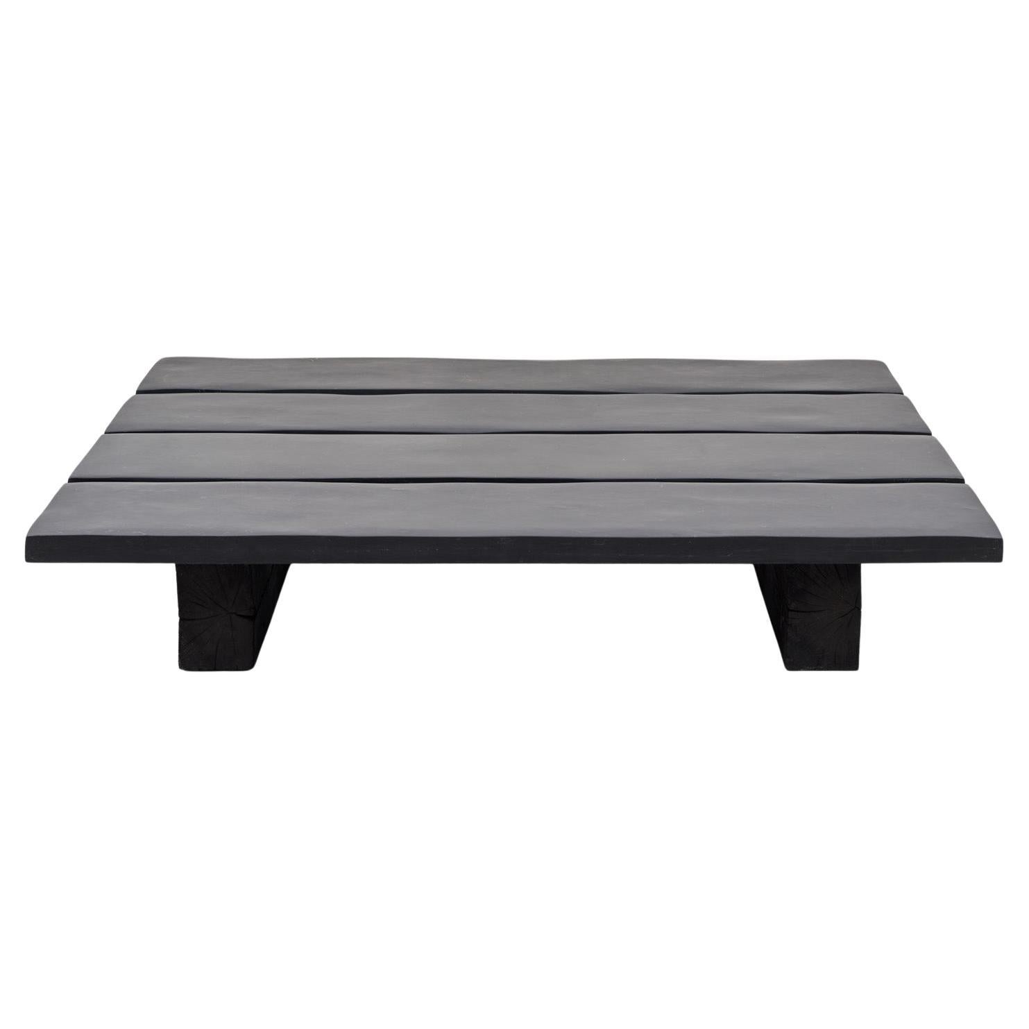 Black Slate Coffee Table with Burned Oak Base For Sale