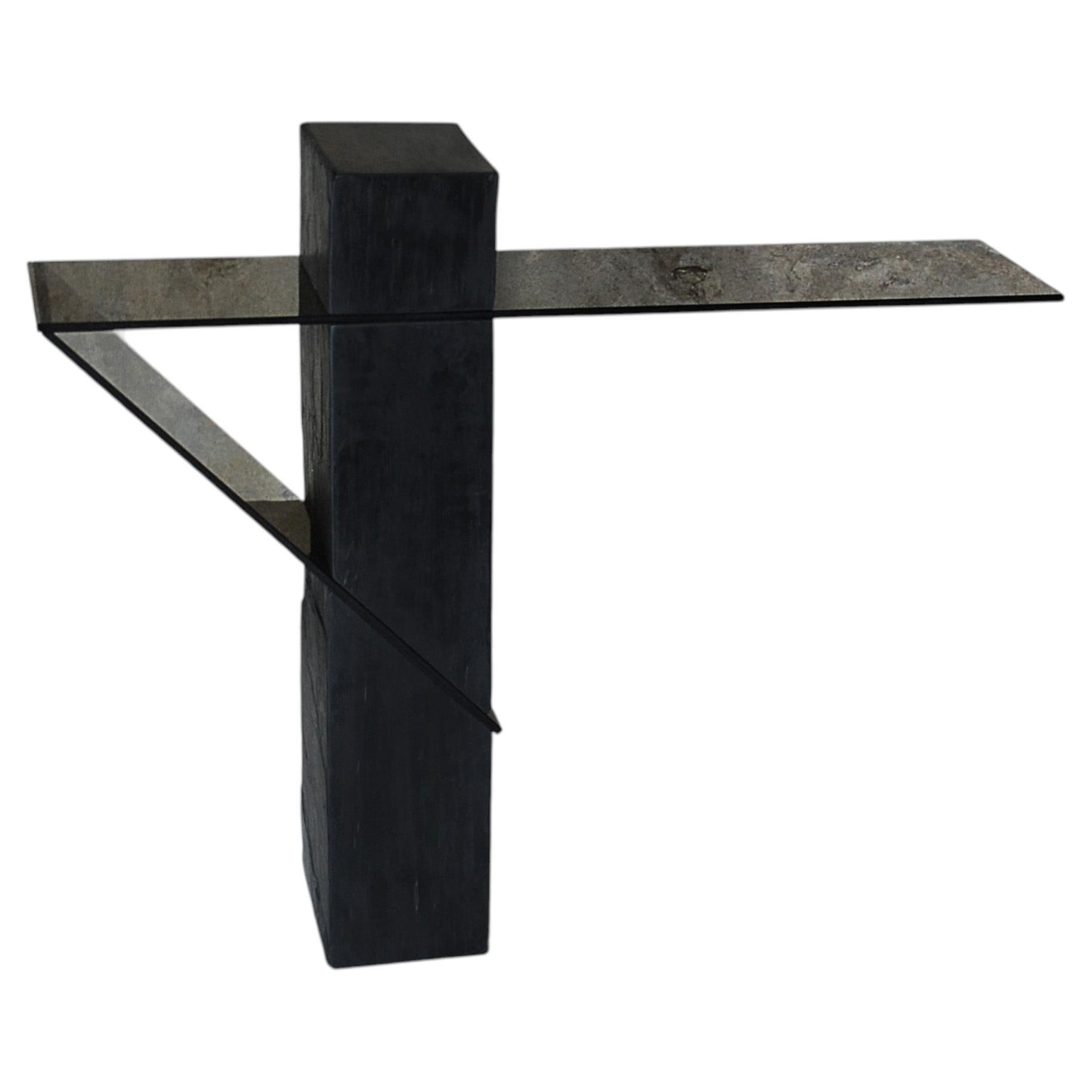 Black Slate Console with Horizontal Smoky Glass Top by Frederic Saulou For Sale