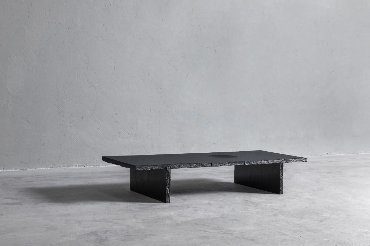 Modern Black Slate Sculpted Low Table by Frederic Saulou