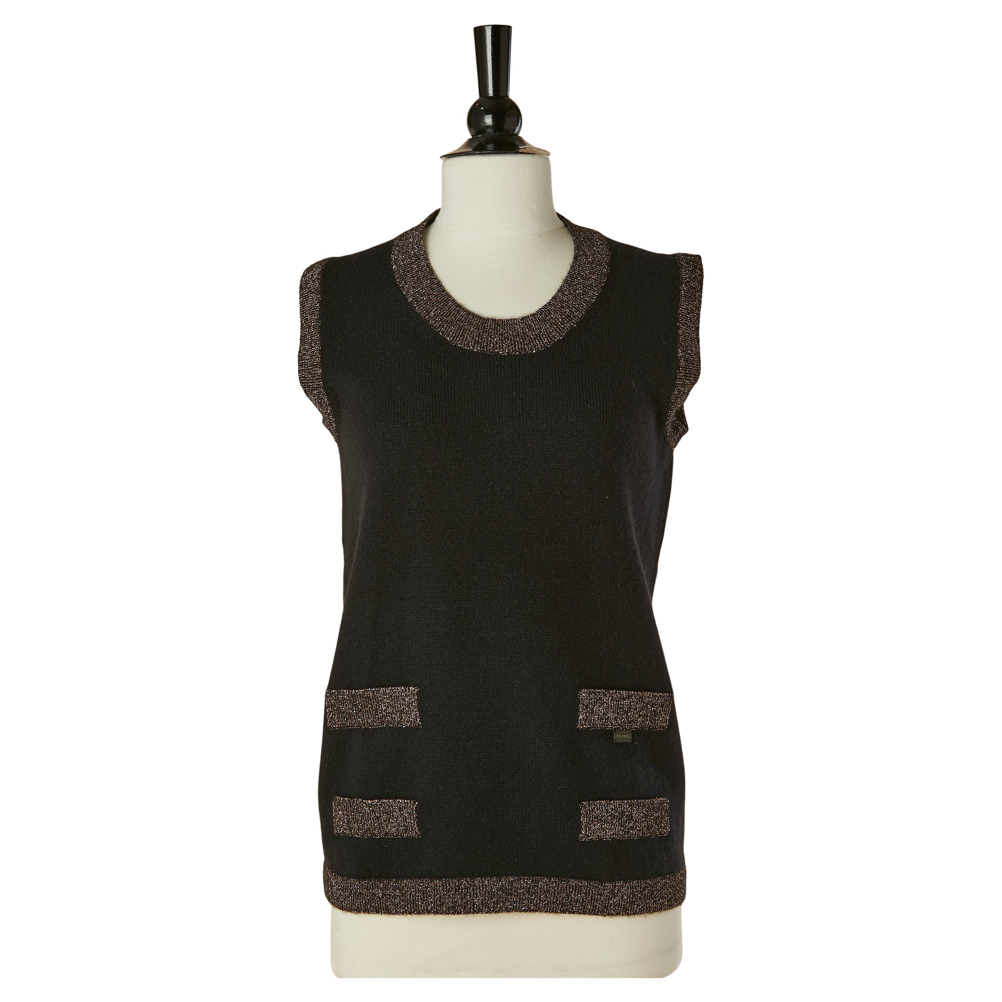 Jersey negro de cachemira sin mangas con borde de lúrex CHANEL