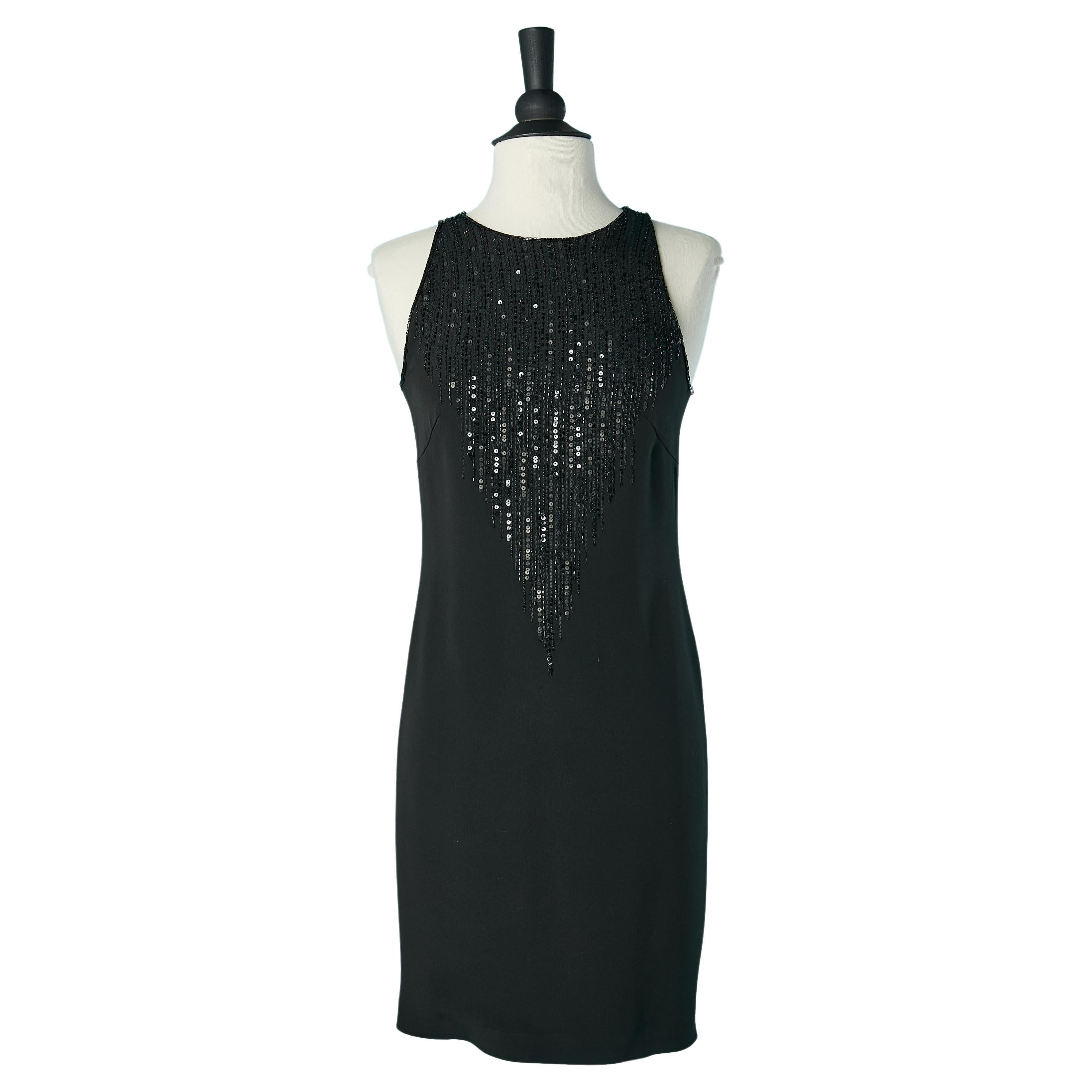 Black sleeveless cocktail dress with  embroideries Emanuel Ungaro Circa 1980's  For Sale