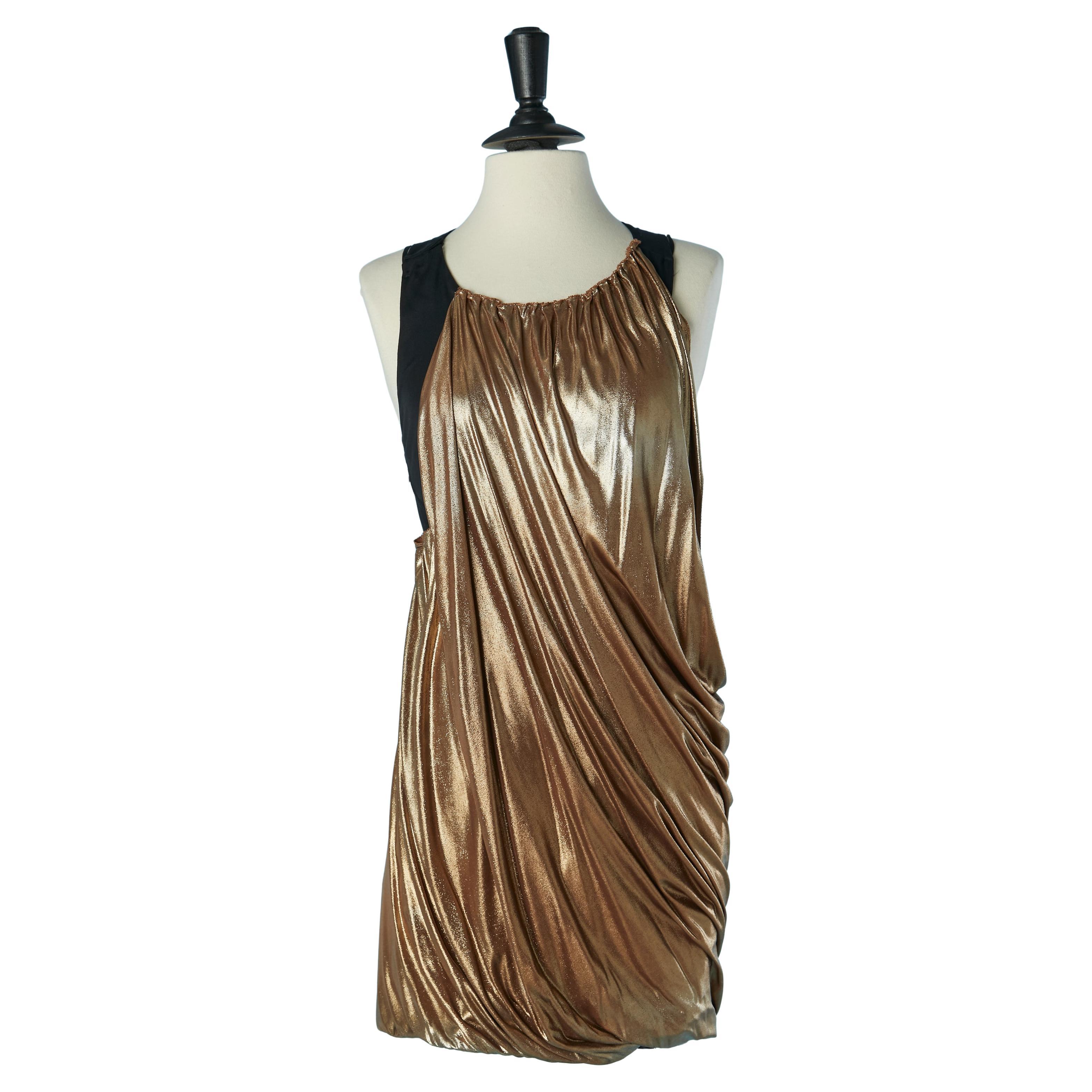 Schwarzes ärmelloses Cocktailkleid mit goldfarbenem, drapiertem Jersey-Oberteil LA PERLA