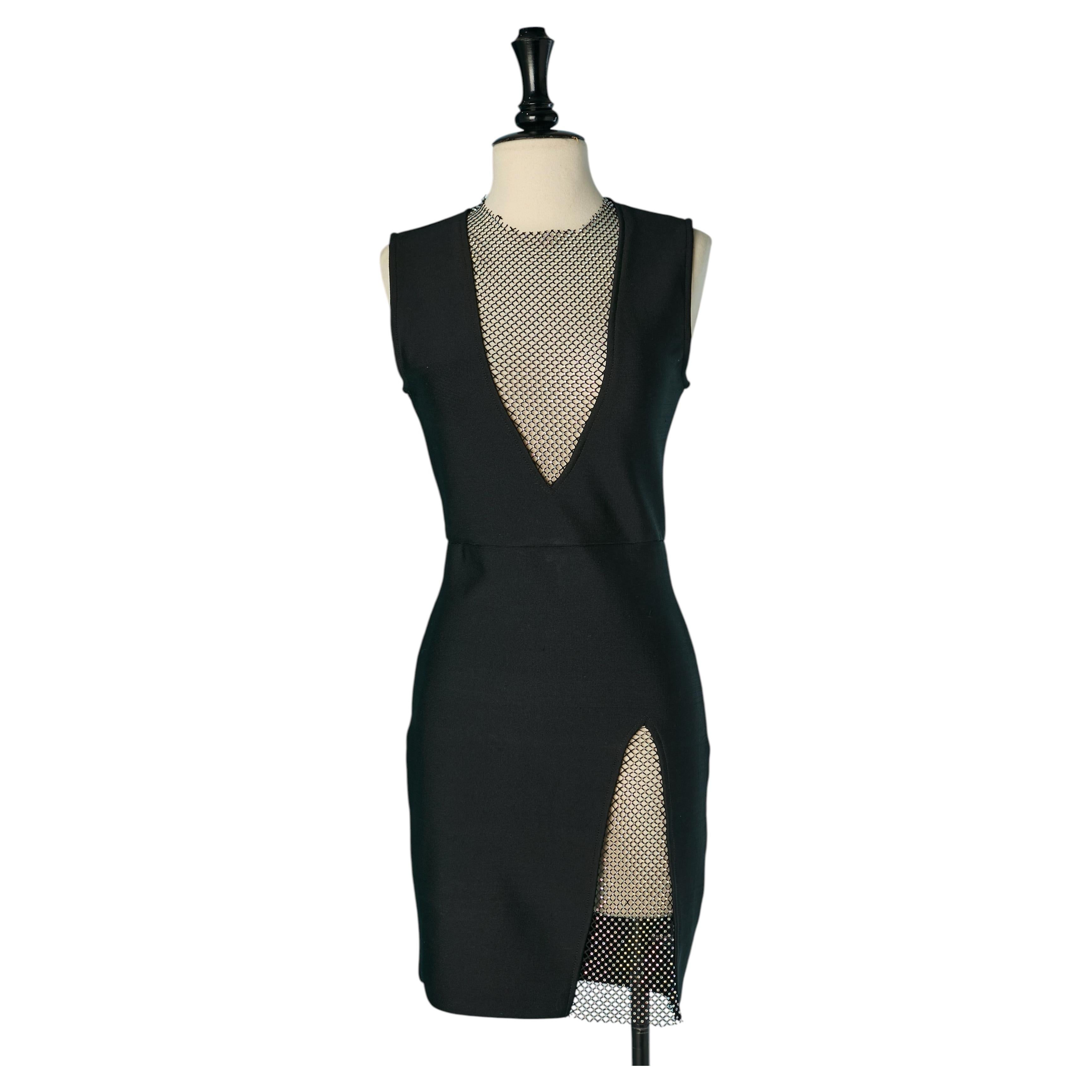 Abito da cocktail nero senza maniche con rete e strass HERVE LEGER in vendita