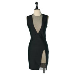 Abito da cocktail nero senza maniche con rete e strass HERVE LEGER