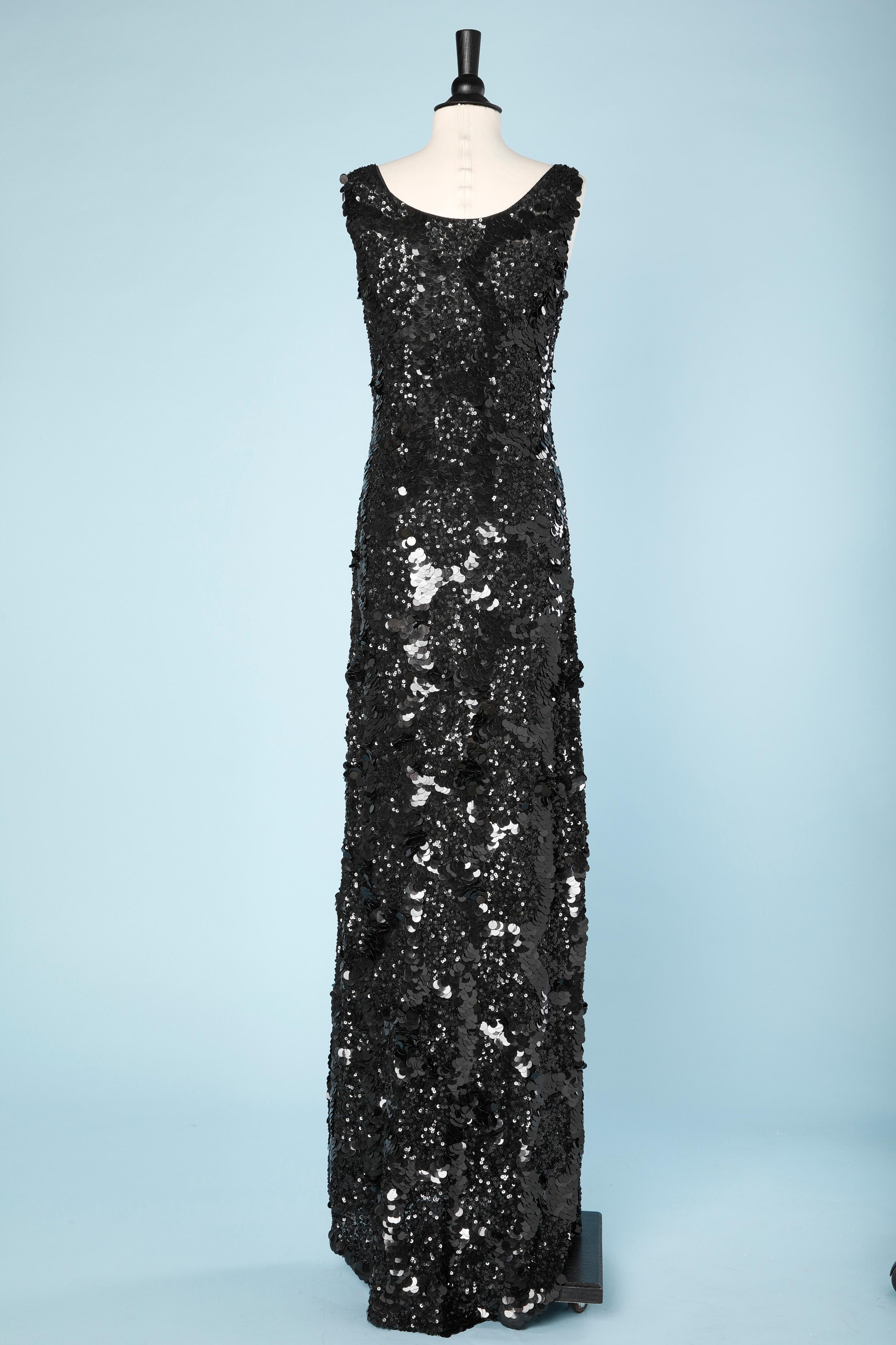 Black sleeveless evening dress covered with small and large sequins 1