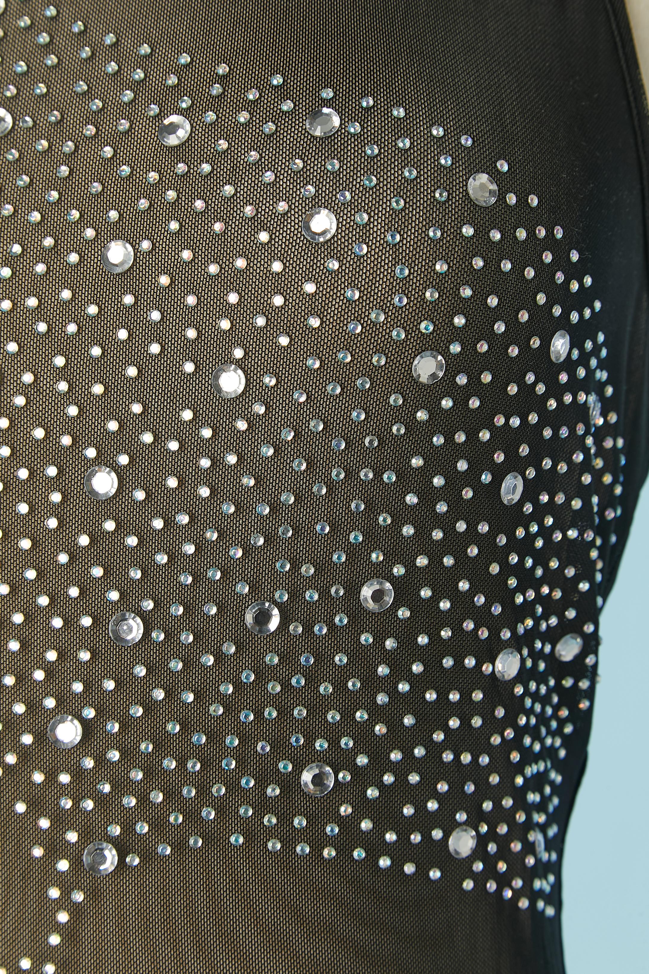 Nero Tuta nera senza maniche in tulle elasticizzato, lycra e strass in vendita