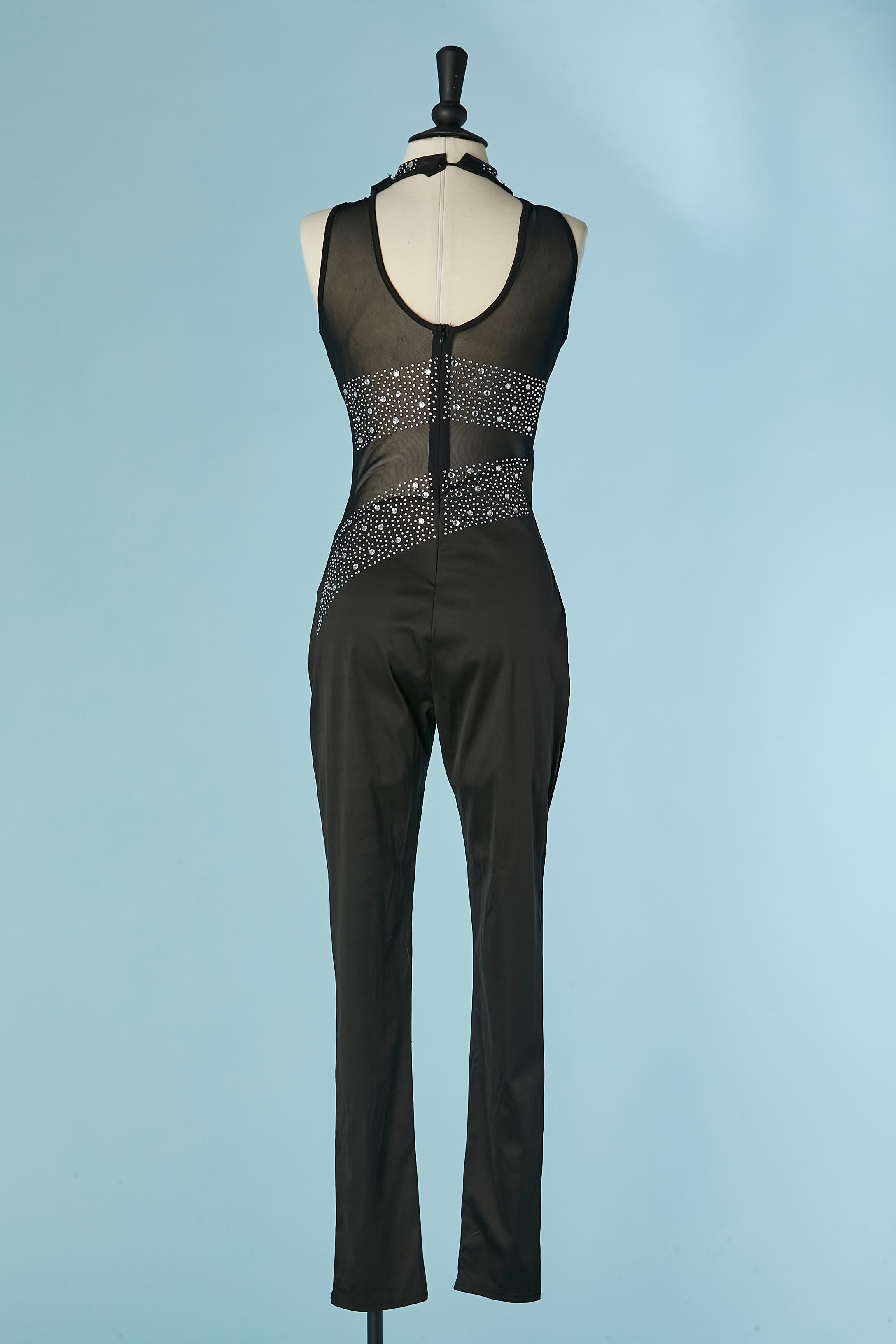 Tuta nera senza maniche in tulle elasticizzato, lycra e strass in vendita 1