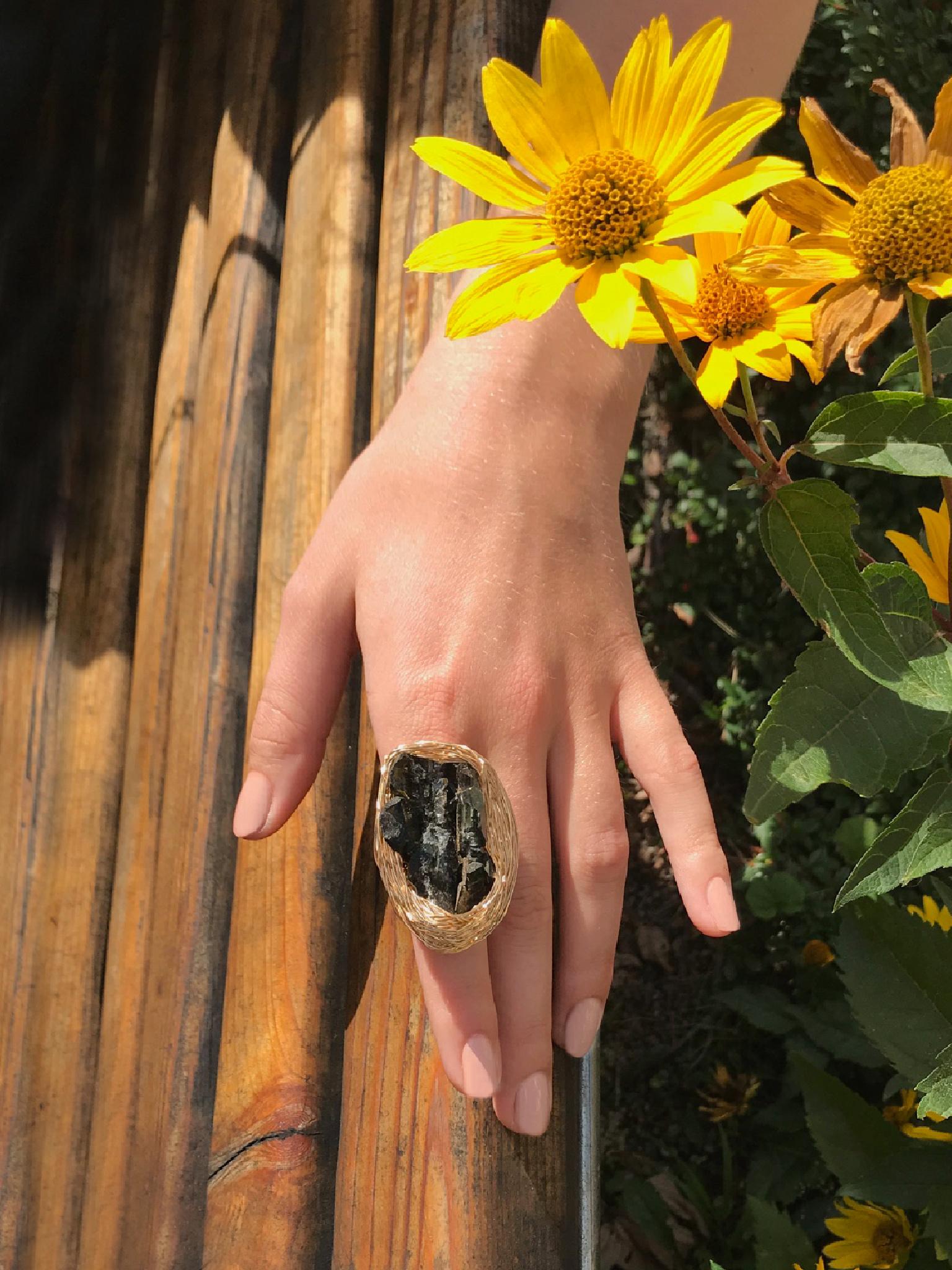 Rough Cut Black Smoke Quartz in 14 Karat Gold F Cocktail Statement Ring by the Artist